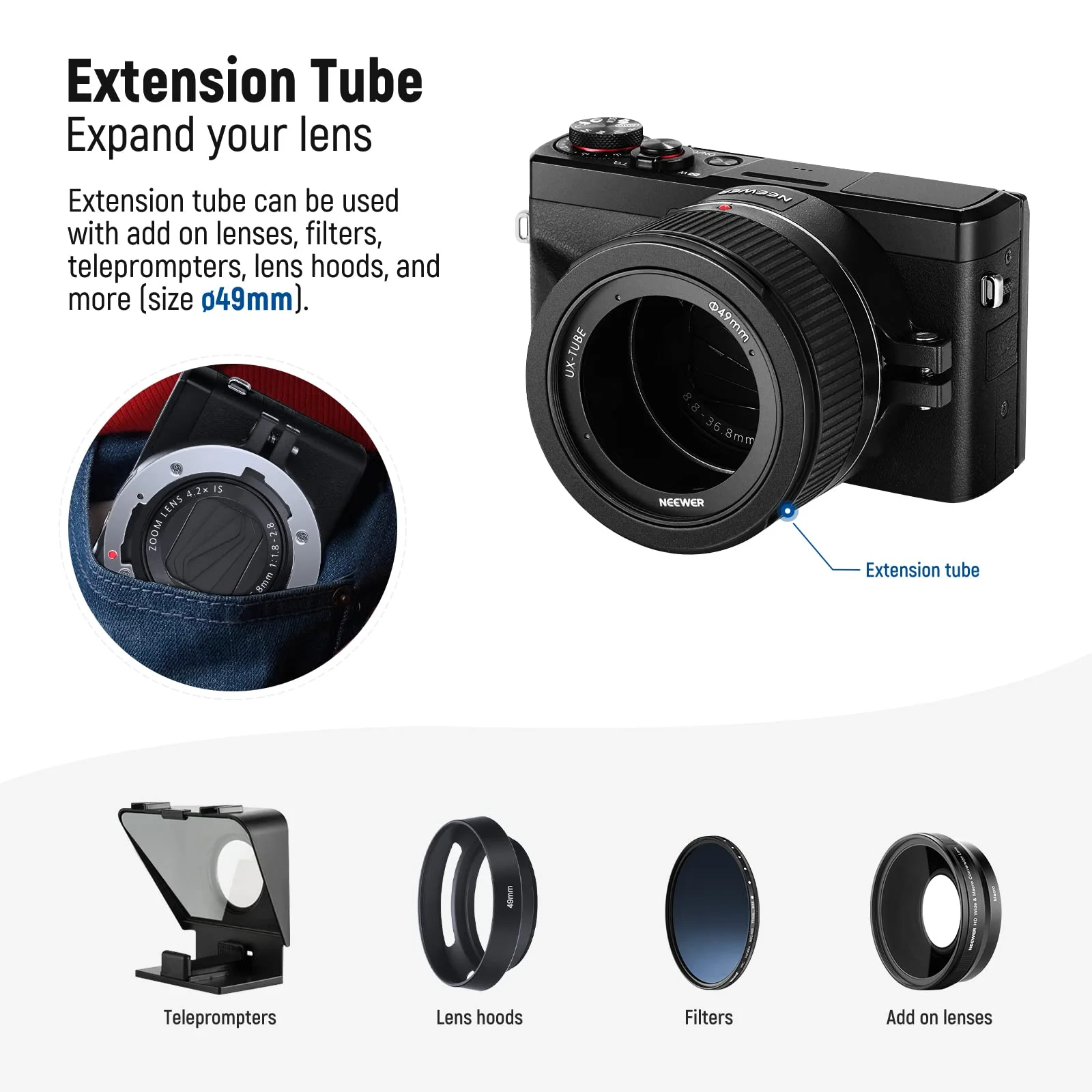 NEEWER Wide Angle Lens Compatible with Canon G7X Mark III Camera, 2 in 1 18mm HD Wide Angle & 10x Macro Additional Lens with Extension Tube, Bayonet Mount Lens Adapter, Cleaning Cloth - Image 8