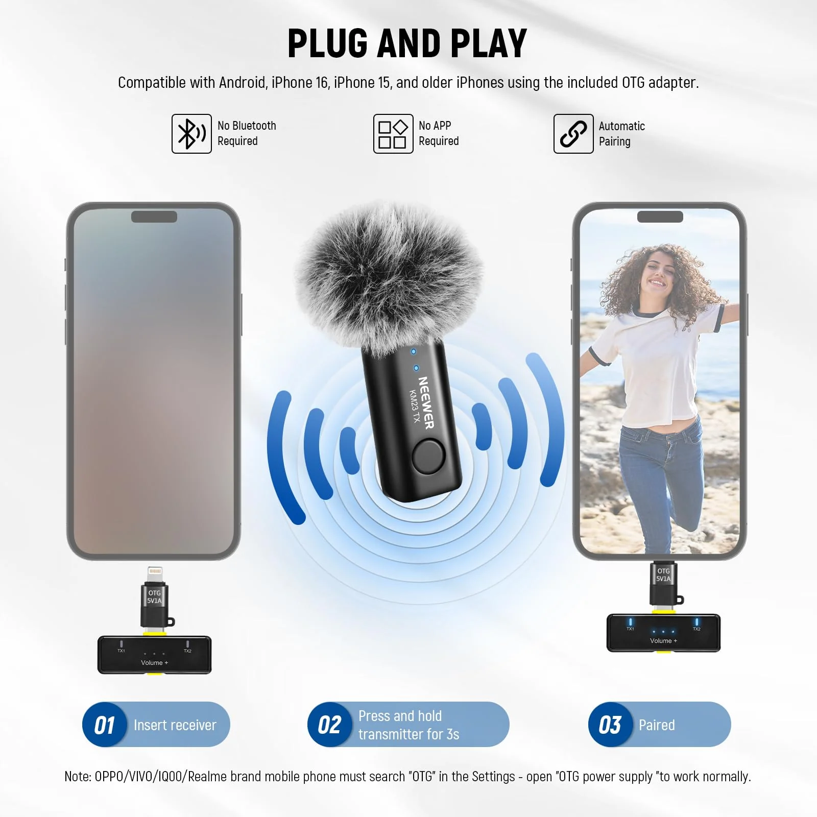 NEEWER Wireless Lavalier Microphone System for USB C, Compatible with iPhone 16 15 Samsung Android Phones, Noise Cancelling Mini Lav Omnidirectional Condenser Mic for Vlogging Live Streaming, KM23 - Image 5