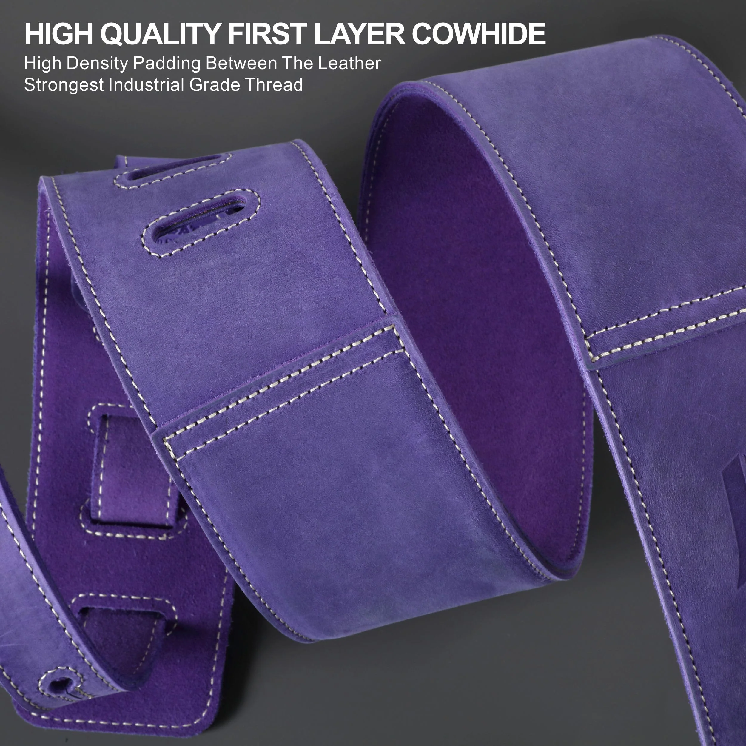 Nefelibata 3" Guitar Strap in First Layer Leather with Foam Padding and Cable Storage Loops for Bass, Electric and Acoustic Guitars (Lavender Purple) Lavender Purple - Image 5