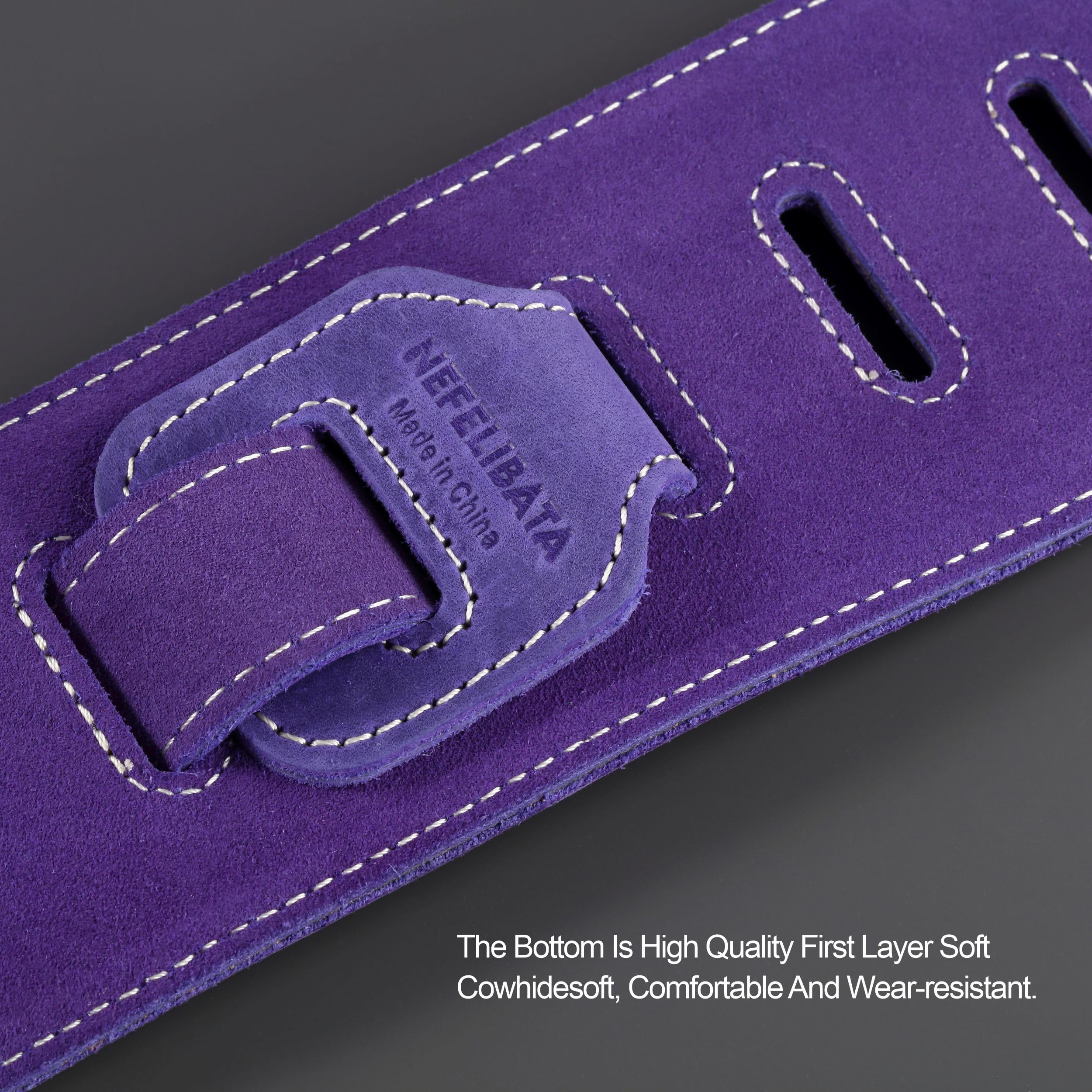Nefelibata 3" Guitar Strap in First Layer Leather with Foam Padding and Cable Storage Loops for Bass, Electric and Acoustic Guitars (Lavender Purple) Lavender Purple - Image 6