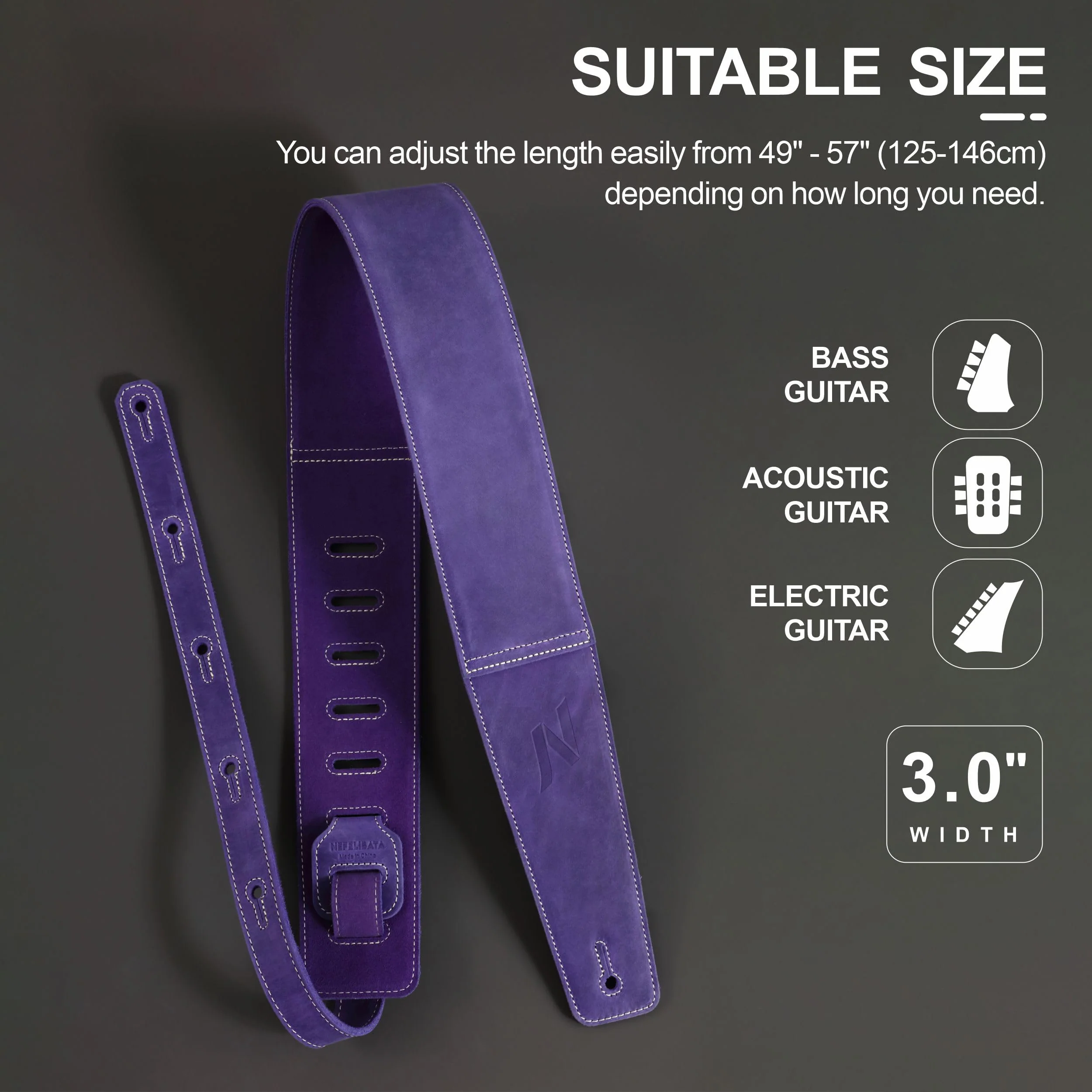 Nefelibata 3" Guitar Strap in First Layer Leather with Foam Padding and Cable Storage Loops for Bass, Electric and Acoustic Guitars (Lavender Purple) Lavender Purple - Image 7