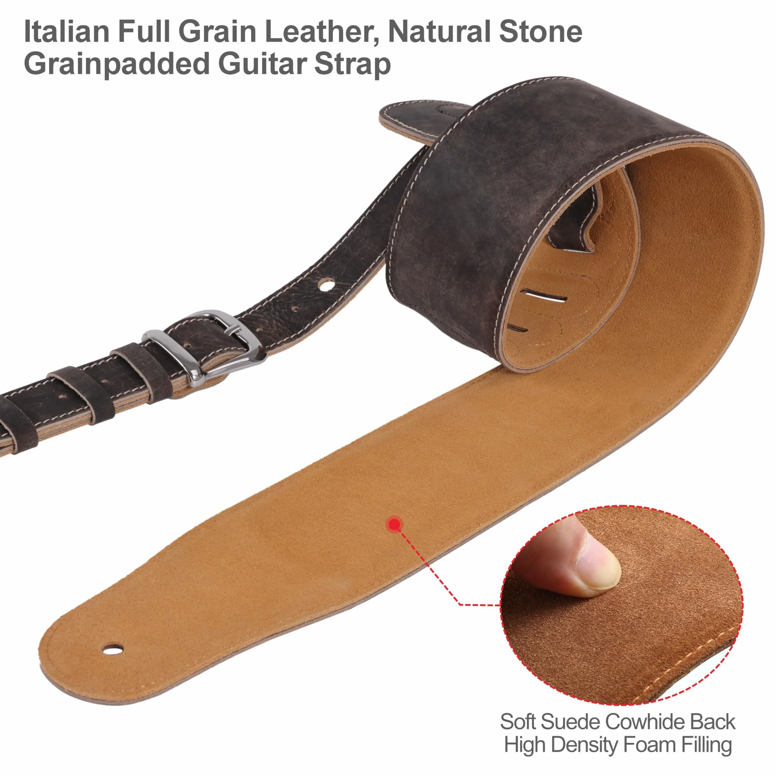 Nefelibata 3" Wide Extended Guitar Strap, Full Grain Cowhide Leather with Foam Padding and Detachable Extension Strap for Heavy Duty Guitars like Bass and Electric Guitar Brown - Image 3