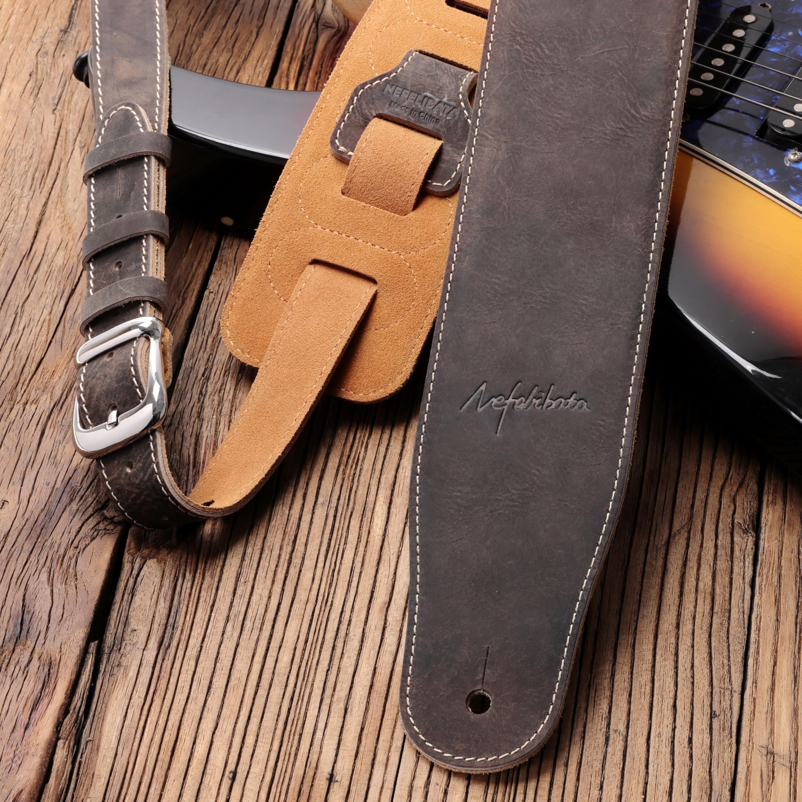 Nefelibata 3" Wide Extended Guitar Strap, Full Grain Cowhide Leather with Foam Padding and Detachable Extension Strap for Heavy Duty Guitars like Bass and Electric Guitar Brown - Image 4