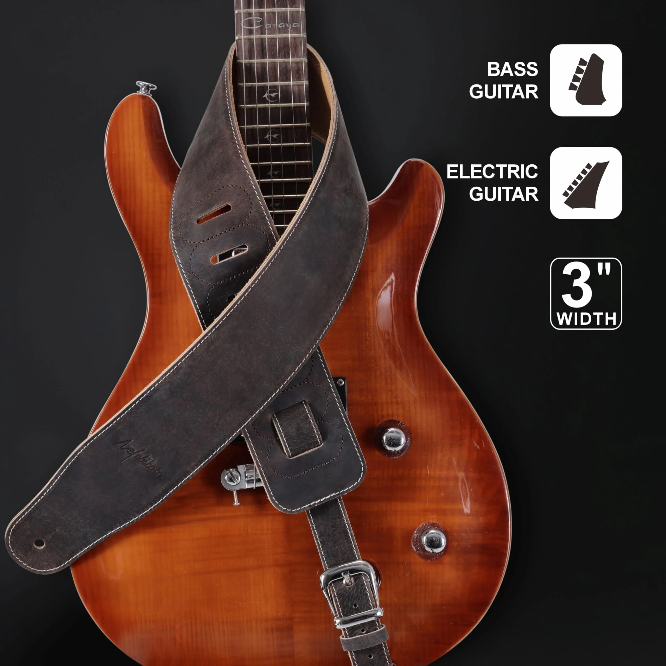 Nefelibata 3" Wide Extended Guitar Strap, Full Grain Cowhide Leather with Foam Padding and Detachable Extension Strap for Heavy Duty Guitars like Bass and Electric Guitar Brown - Image 5