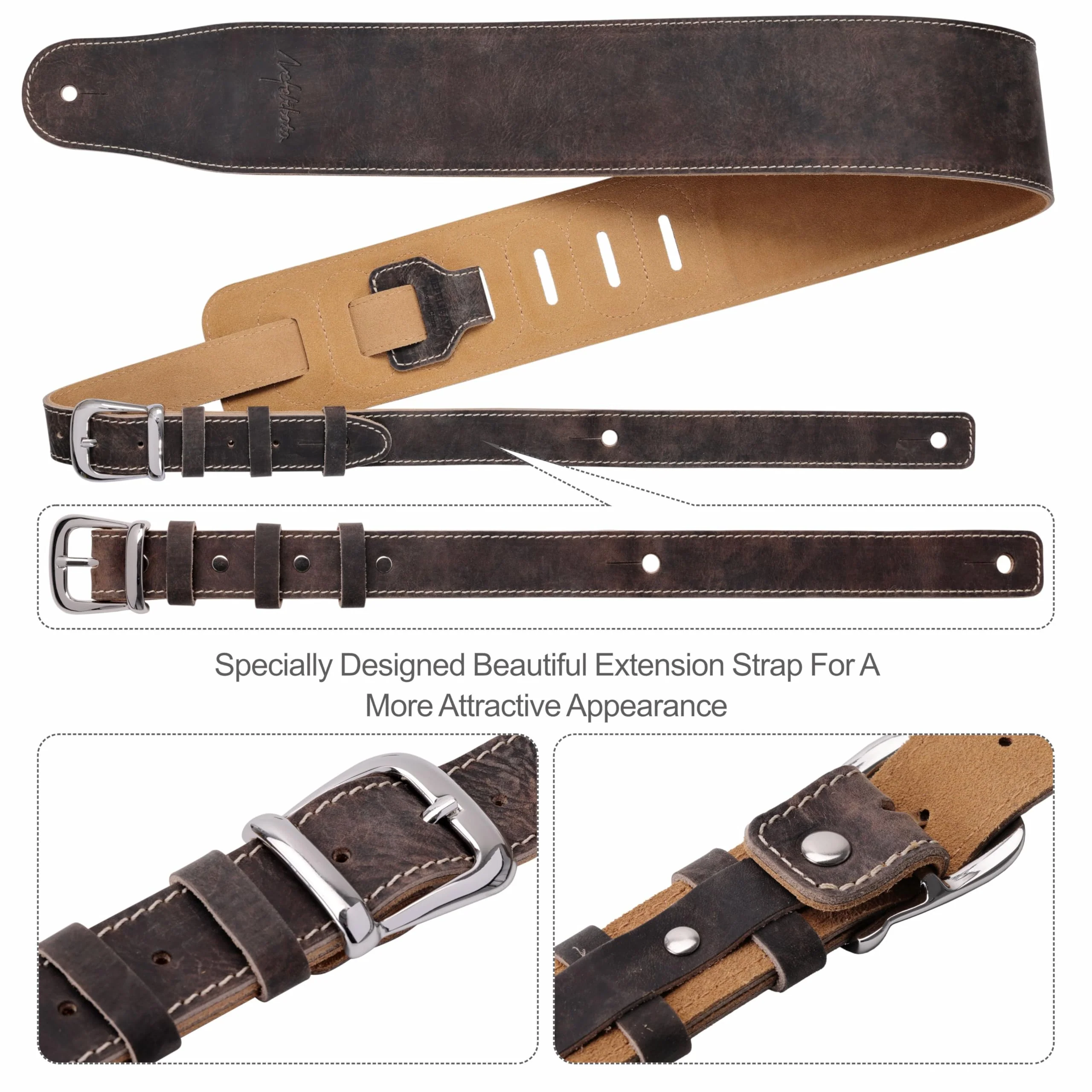 Nefelibata 3" Wide Extended Guitar Strap, Full Grain Cowhide Leather with Foam Padding and Detachable Extension Strap for Heavy Duty Guitars like Bass and Electric Guitar Brown - Image 6