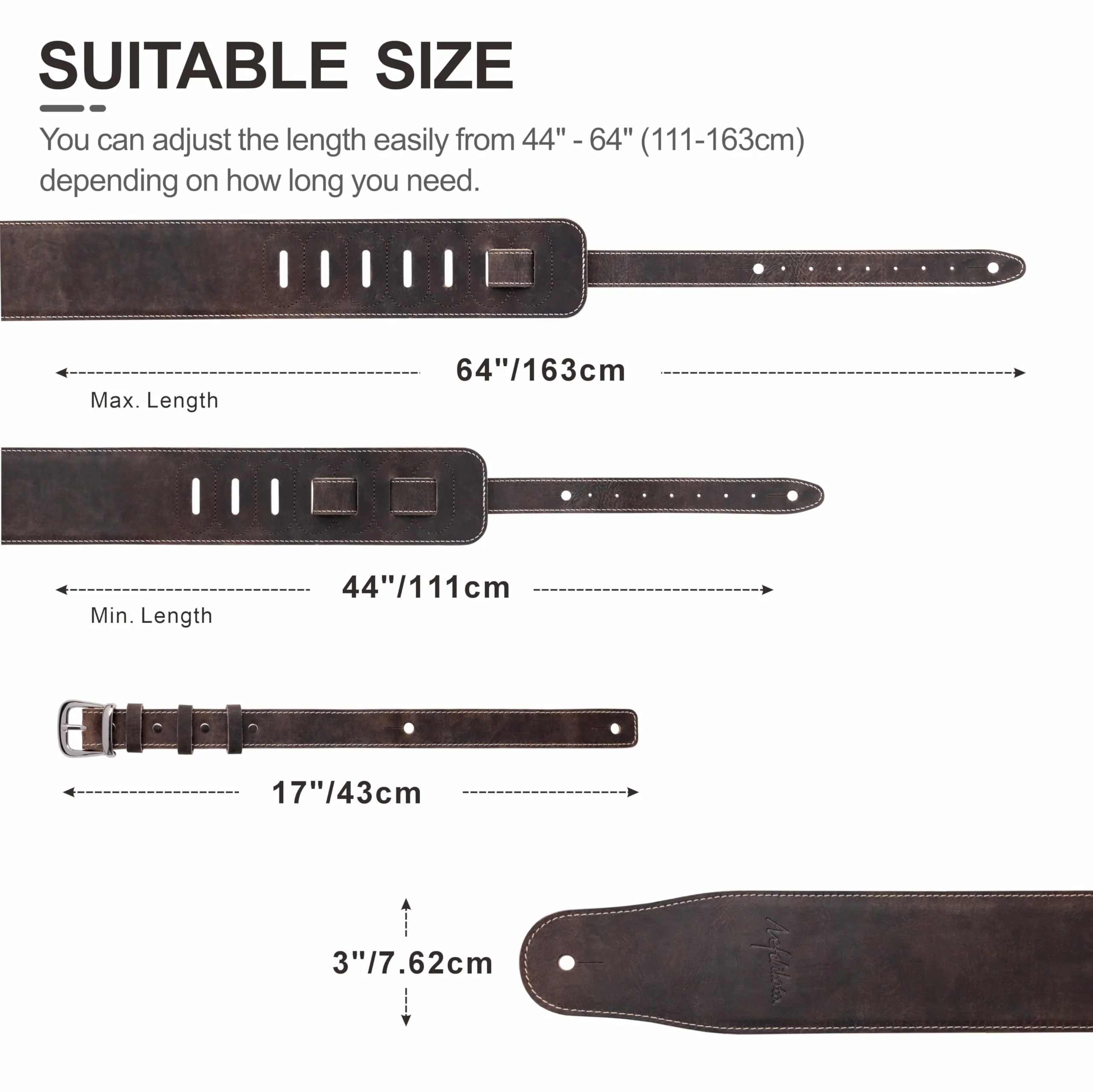 Nefelibata 3" Wide Extended Guitar Strap, Full Grain Cowhide Leather with Foam Padding and Detachable Extension Strap for Heavy Duty Guitars like Bass and Electric Guitar Brown - Image 7