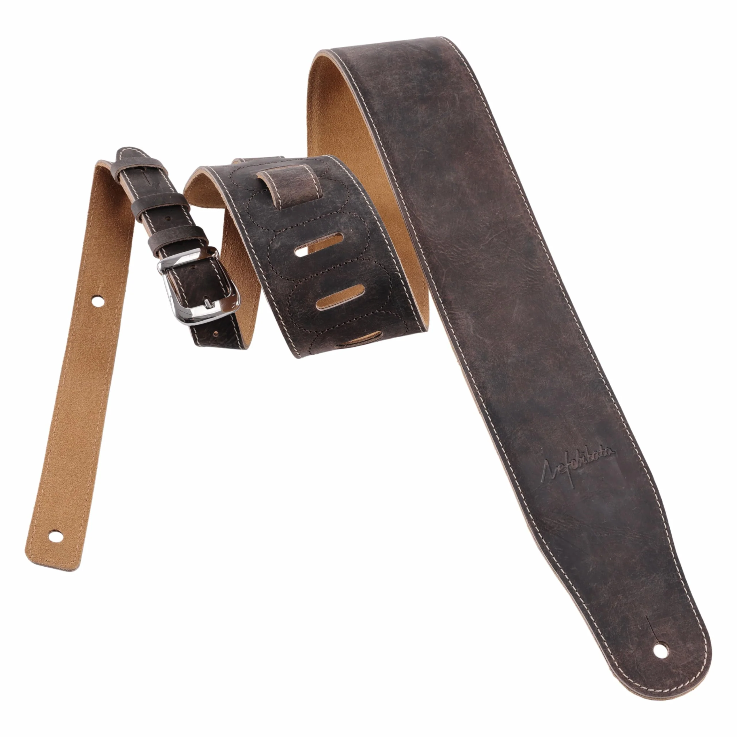 Nefelibata 3" Wide Extended Guitar Strap, Full Grain Cowhide Leather with Foam Padding and Detachable Extension Strap for Heavy Duty Guitars like Bass and Electric Guitar Brown - Image 8