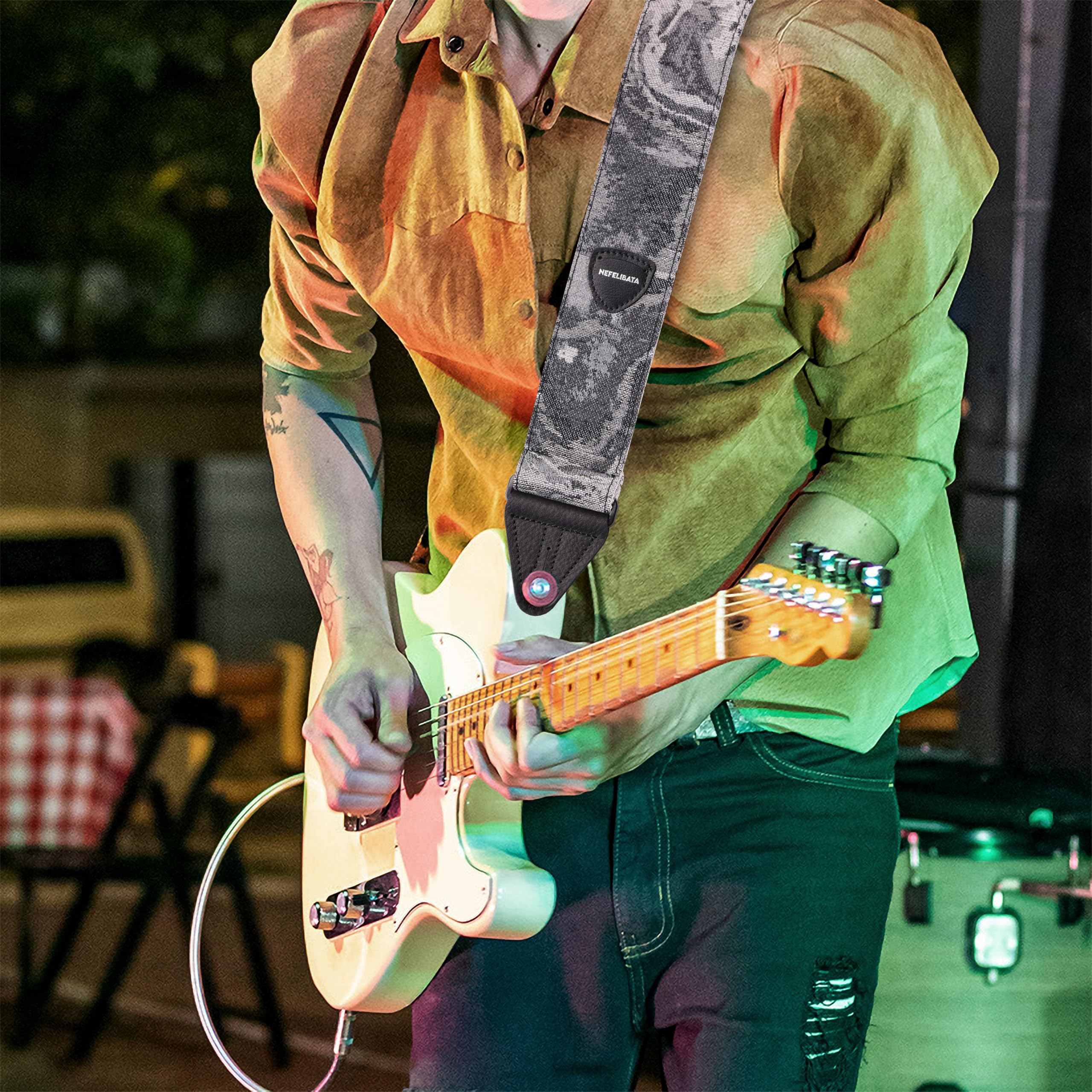 Nefelibata Guitar Strap 2.3", Double Cowhide Leather Ends, Cotton Guitar Straps for Bass, Electric & Acoustic Guitar, with Strap Button, Strap Locks and Guitar Picks Camo - Image 4