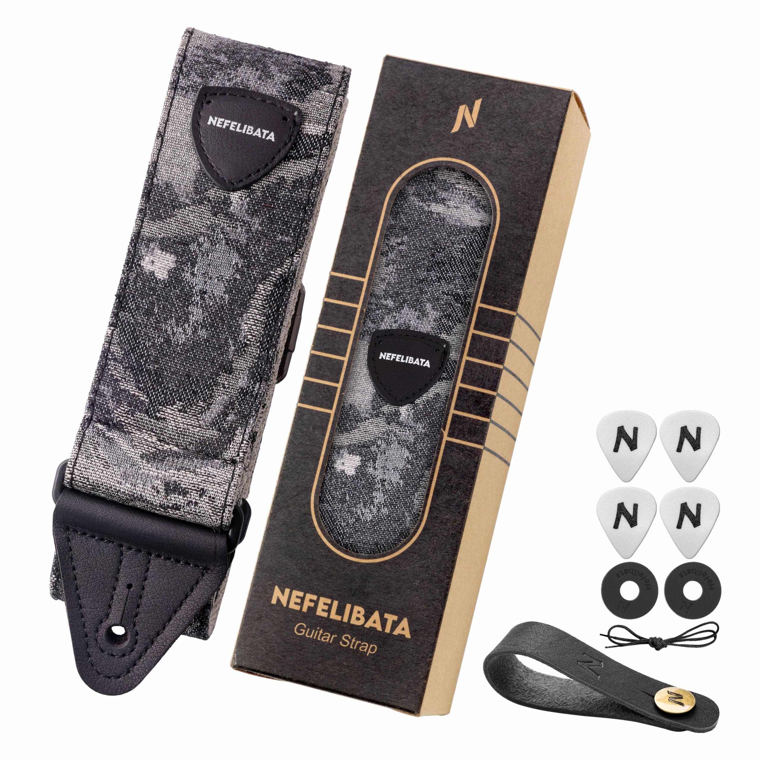 Nefelibata Guitar Strap 2.3", Double Cowhide Leather Ends, Cotton Guitar Straps for Bass, Electric & Acoustic Guitar, with Strap Button, Strap Locks and Guitar Picks Camo - Image 5