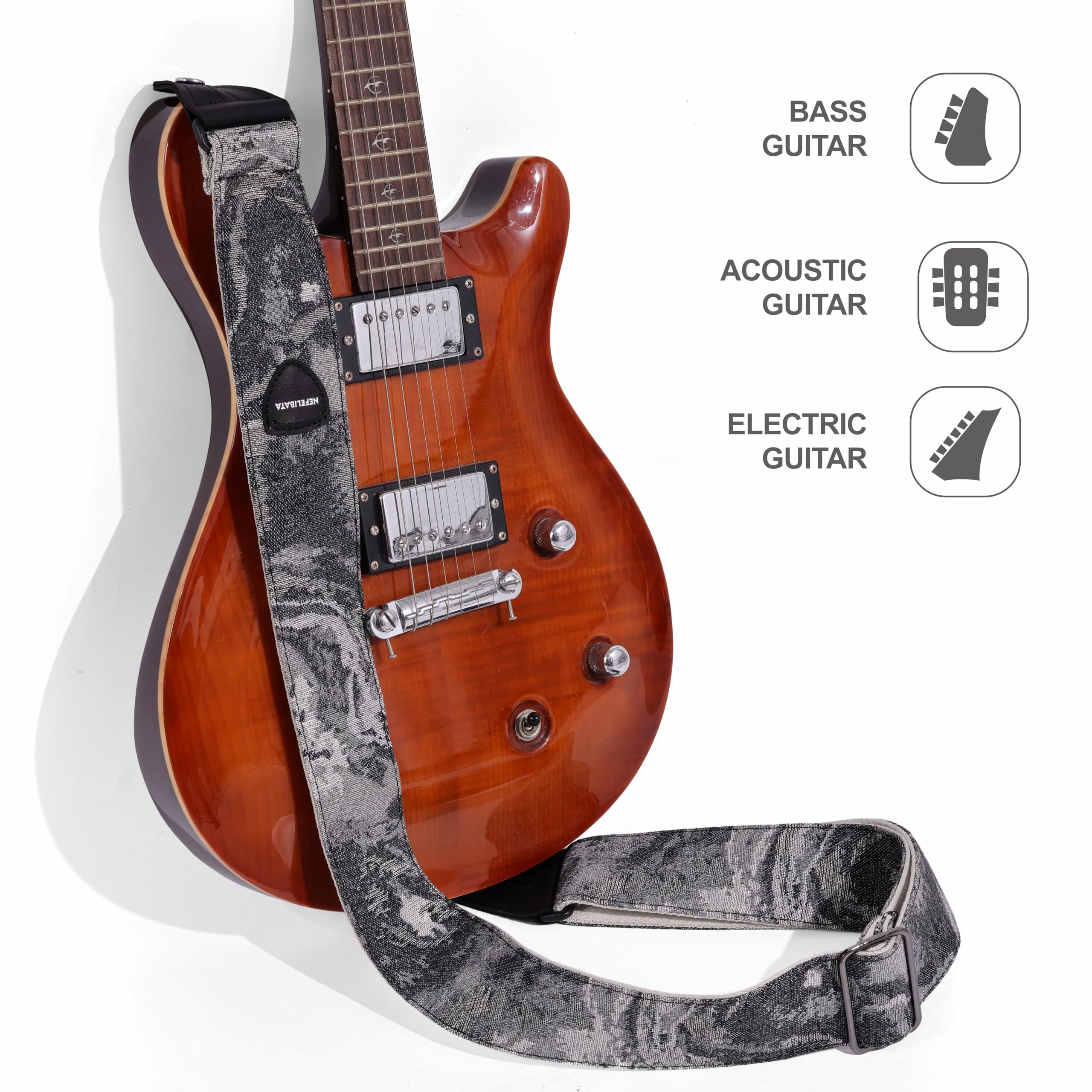 Nefelibata Guitar Strap 2.3", Double Cowhide Leather Ends, Cotton Guitar Straps for Bass, Electric & Acoustic Guitar, with Strap Button, Strap Locks and Guitar Picks Camo - Image 6
