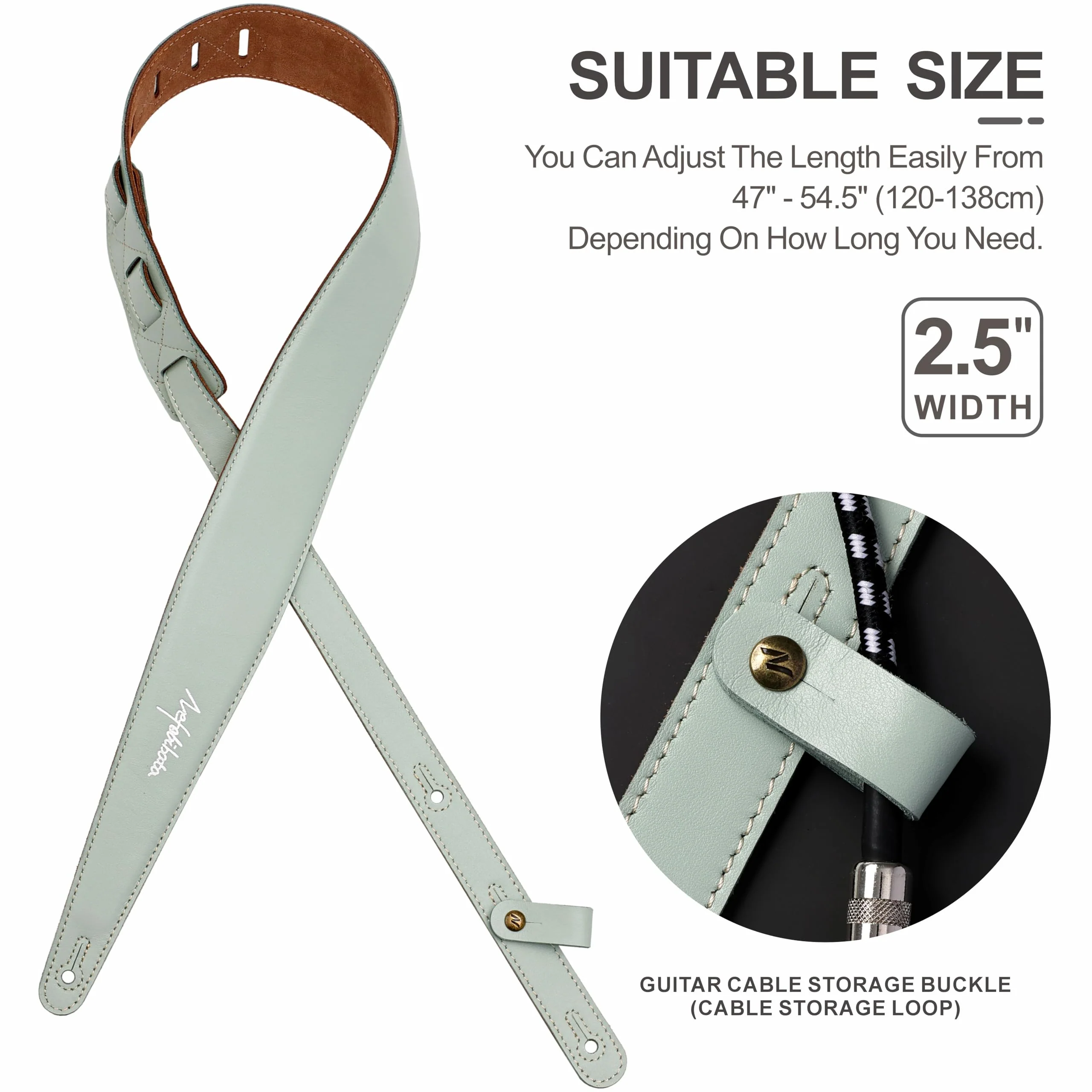 Nefelibata Guitar Strap 2.5", Head Layer Cowhide Italian Leather Adjustable Guitar Straps with Foam Padding for Bass, Electric, and Acoustic Guitars Light Green - Image 7