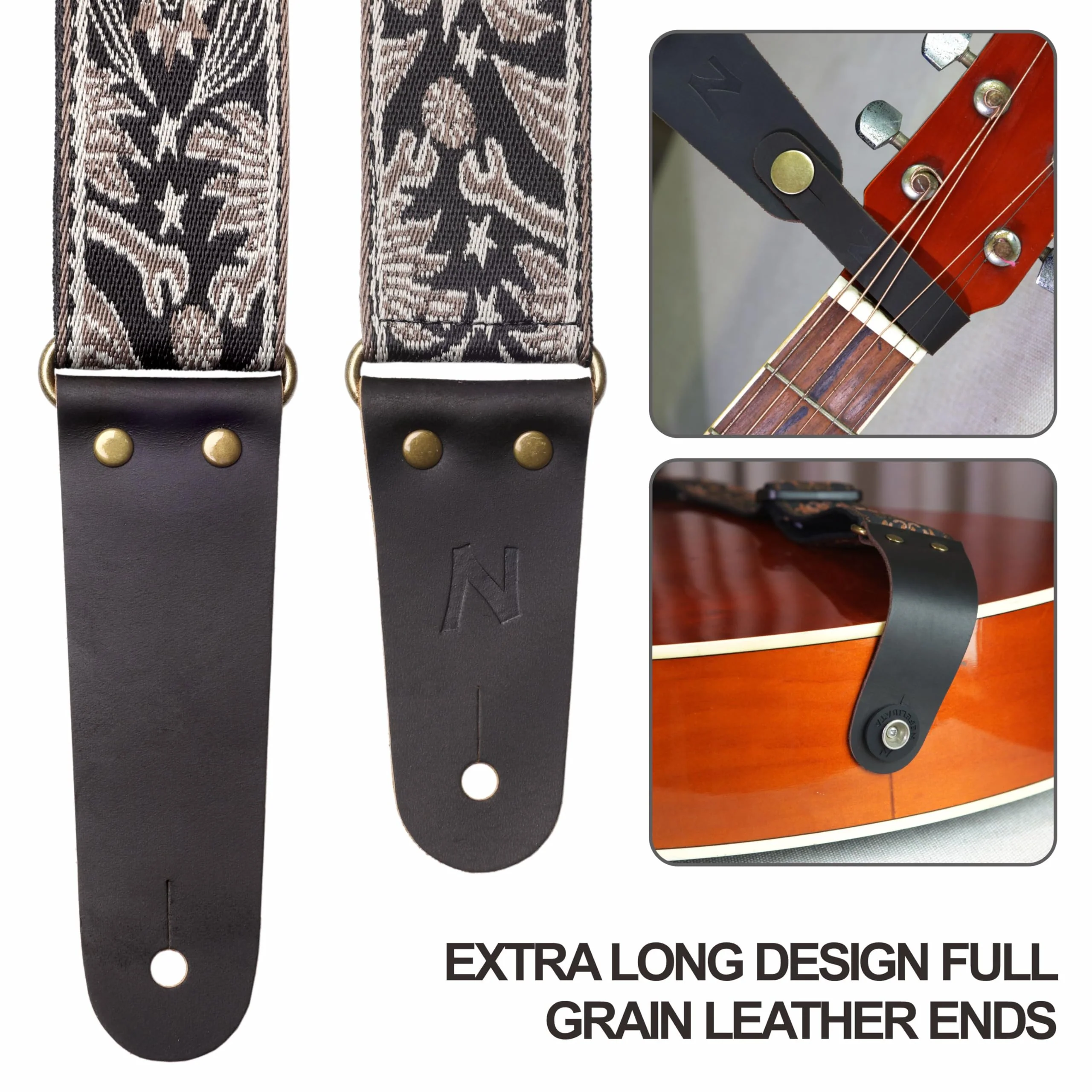 Nefelibata Guitar Strap, 2" Embroidery Full Grain Leather Ends Guitar Straps with Hidden Pocket, for Bass, Electric and Acoustic Guitars, Strap Button, Strap Locks and Guitar Picks Mystery Totem-beige - Image 2