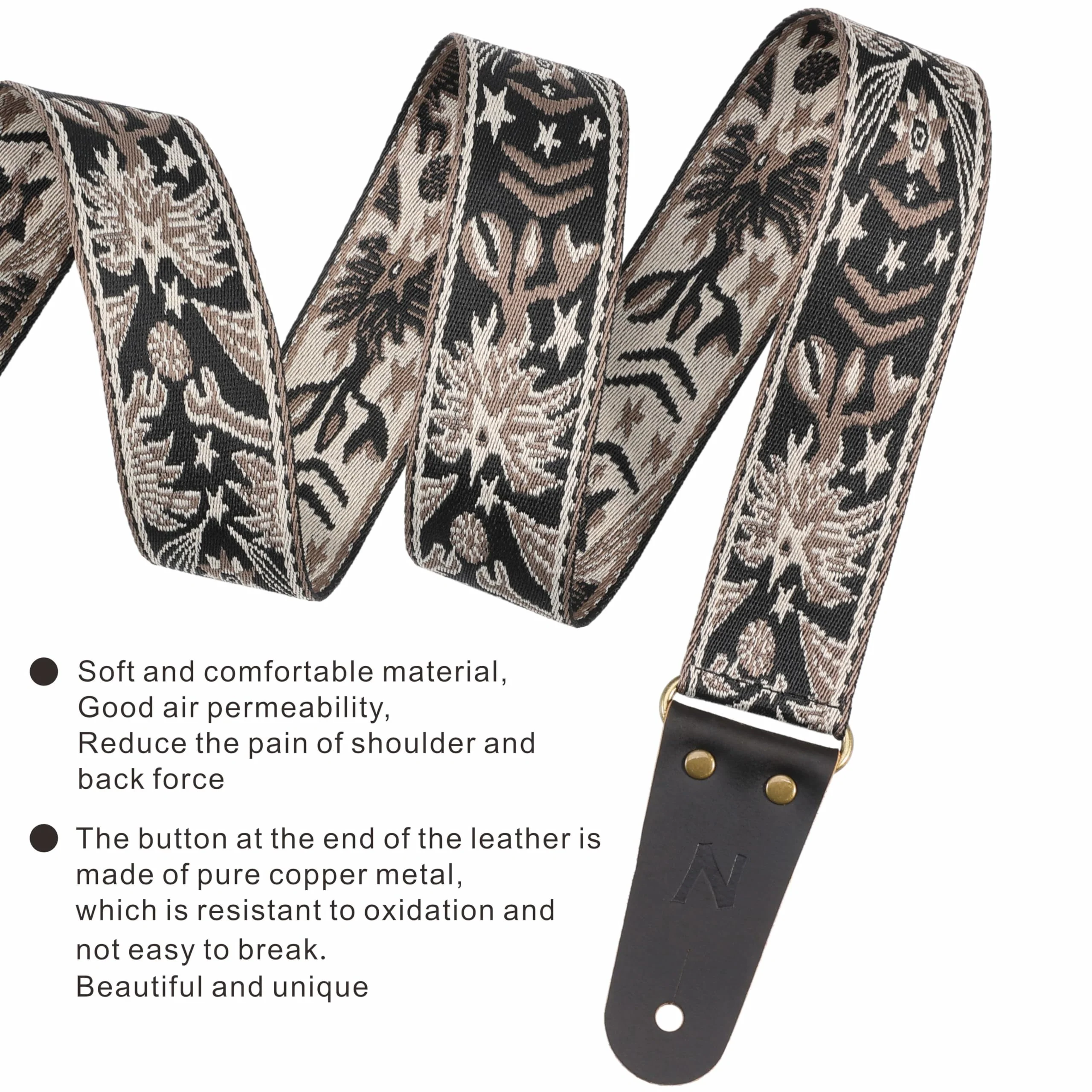 Nefelibata Guitar Strap, 2" Embroidery Full Grain Leather Ends Guitar Straps with Hidden Pocket, for Bass, Electric and Acoustic Guitars, Strap Button, Strap Locks and Guitar Picks Mystery Totem-beige - Image 3