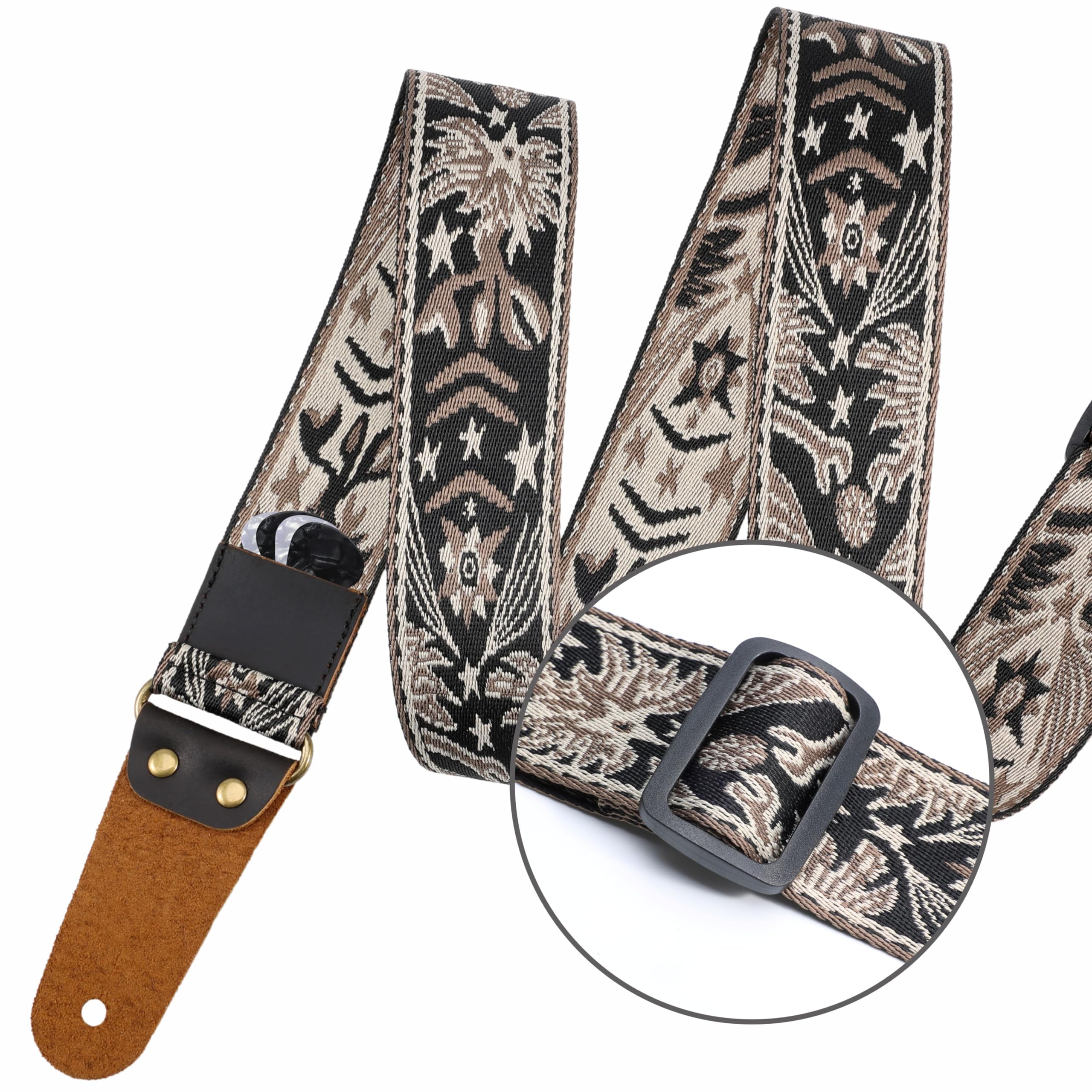 Nefelibata Guitar Strap, 2" Embroidery Full Grain Leather Ends Guitar Straps with Hidden Pocket, for Bass, Electric and Acoustic Guitars, Strap Button, Strap Locks and Guitar Picks Mystery Totem-beige - Image 5