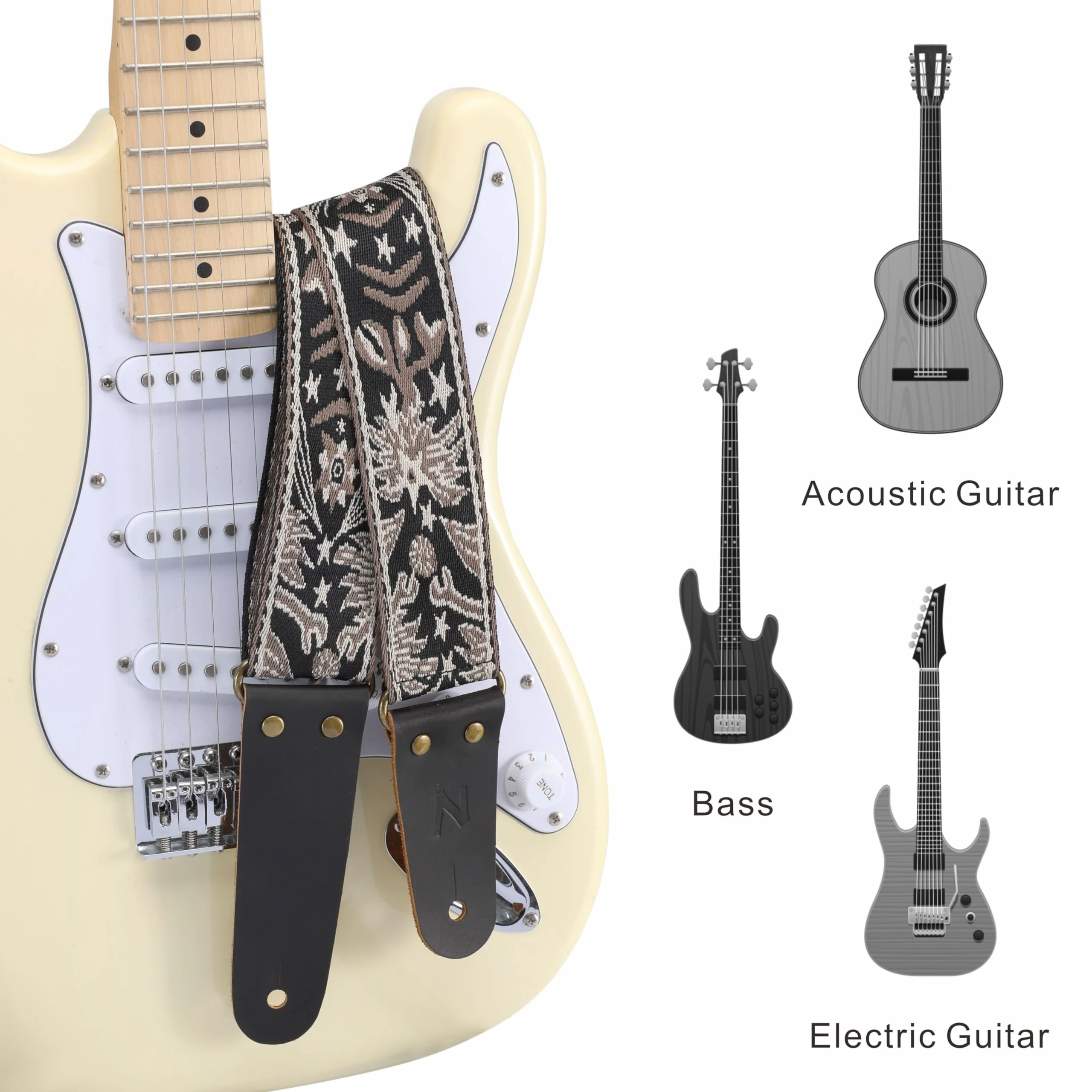 Nefelibata Guitar Strap, 2" Embroidery Full Grain Leather Ends Guitar Straps with Hidden Pocket, for Bass, Electric and Acoustic Guitars, Strap Button, Strap Locks and Guitar Picks Mystery Totem-beige - Image 6