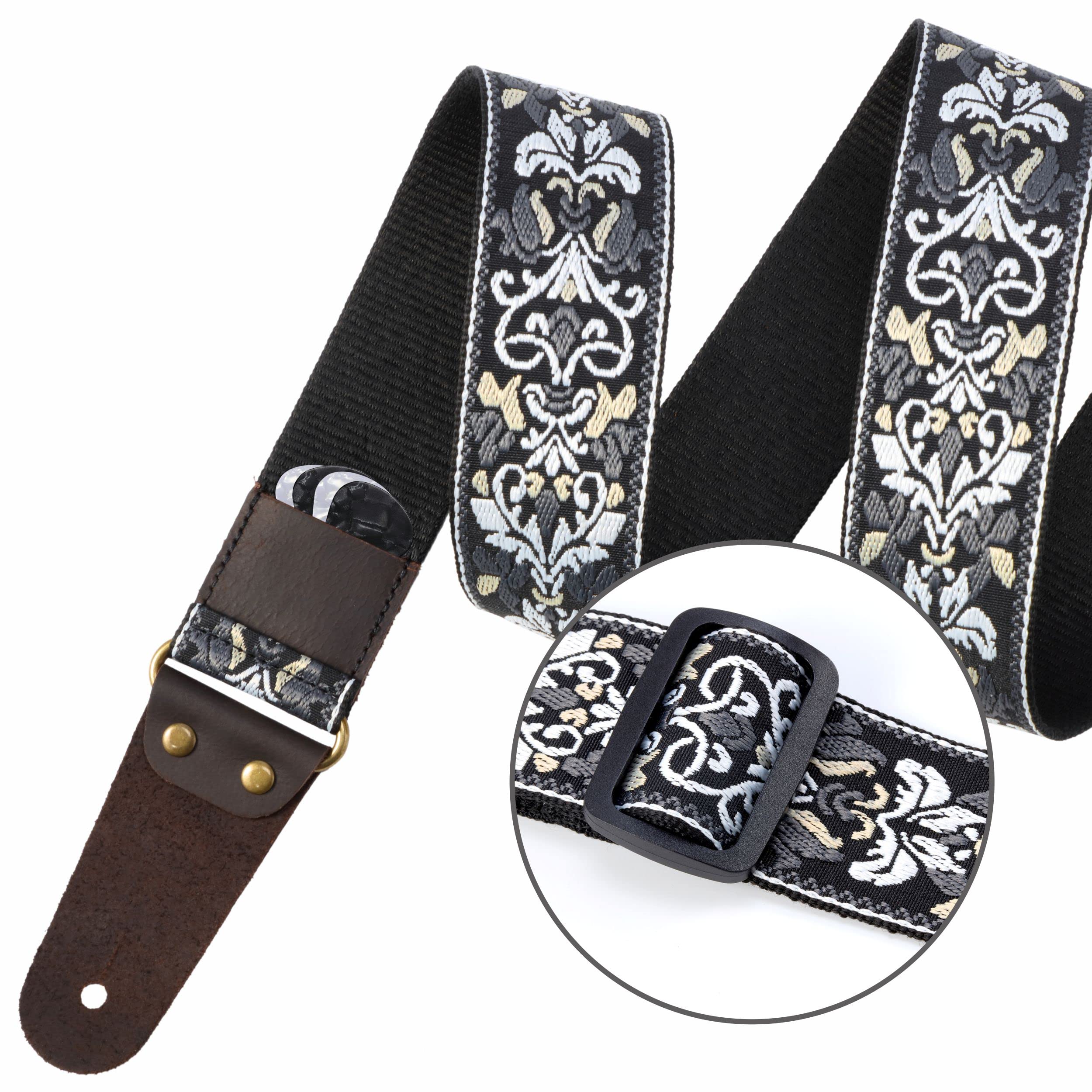 Nefelibata Guitar Strap, 2" Jacquard Embroidery Guitar Straps, Full Grain Leather Ends with Hidden Pocket, for Bass, Electric and Acoustic Guitars, Free Buckle, Strap Lock and Guitar Picks - Image 3