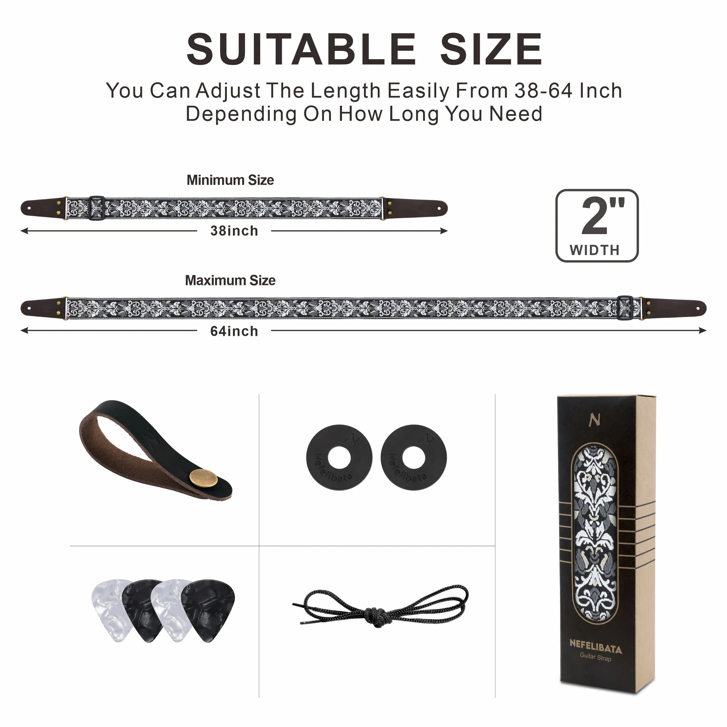Nefelibata Guitar Strap, 2" Jacquard Embroidery Guitar Straps, Full Grain Leather Ends with Hidden Pocket, for Bass, Electric and Acoustic Guitars, Free Buckle, Strap Lock and Guitar Picks - Image 5