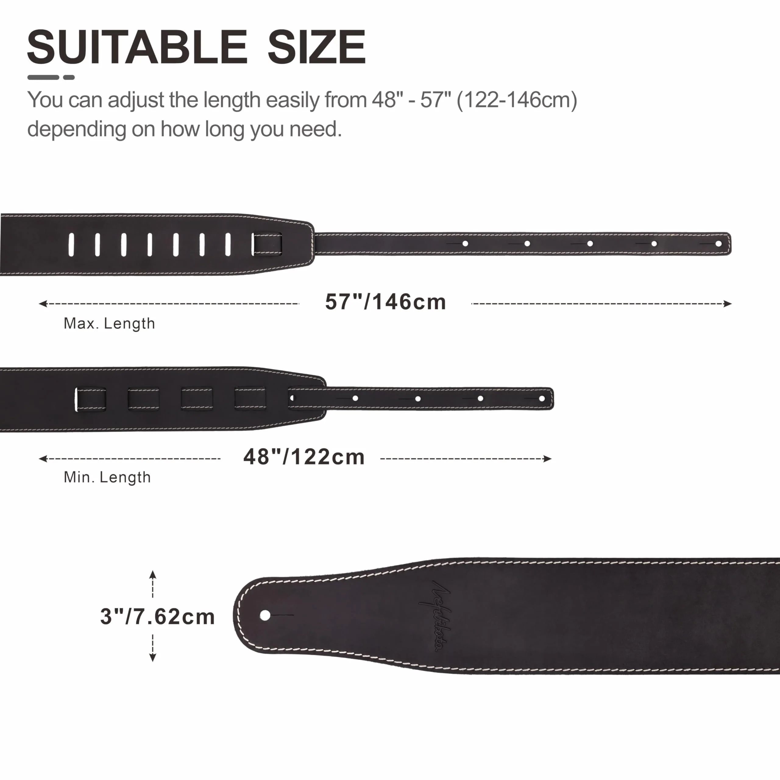 Nefelibata Guitar Strap, 3-inch Wide Full Grain Leather, Extra Wide Lightweight and Soft for Men and Women for Acoustic, Bass and Electric Guitar Frosted Black - Image 7
