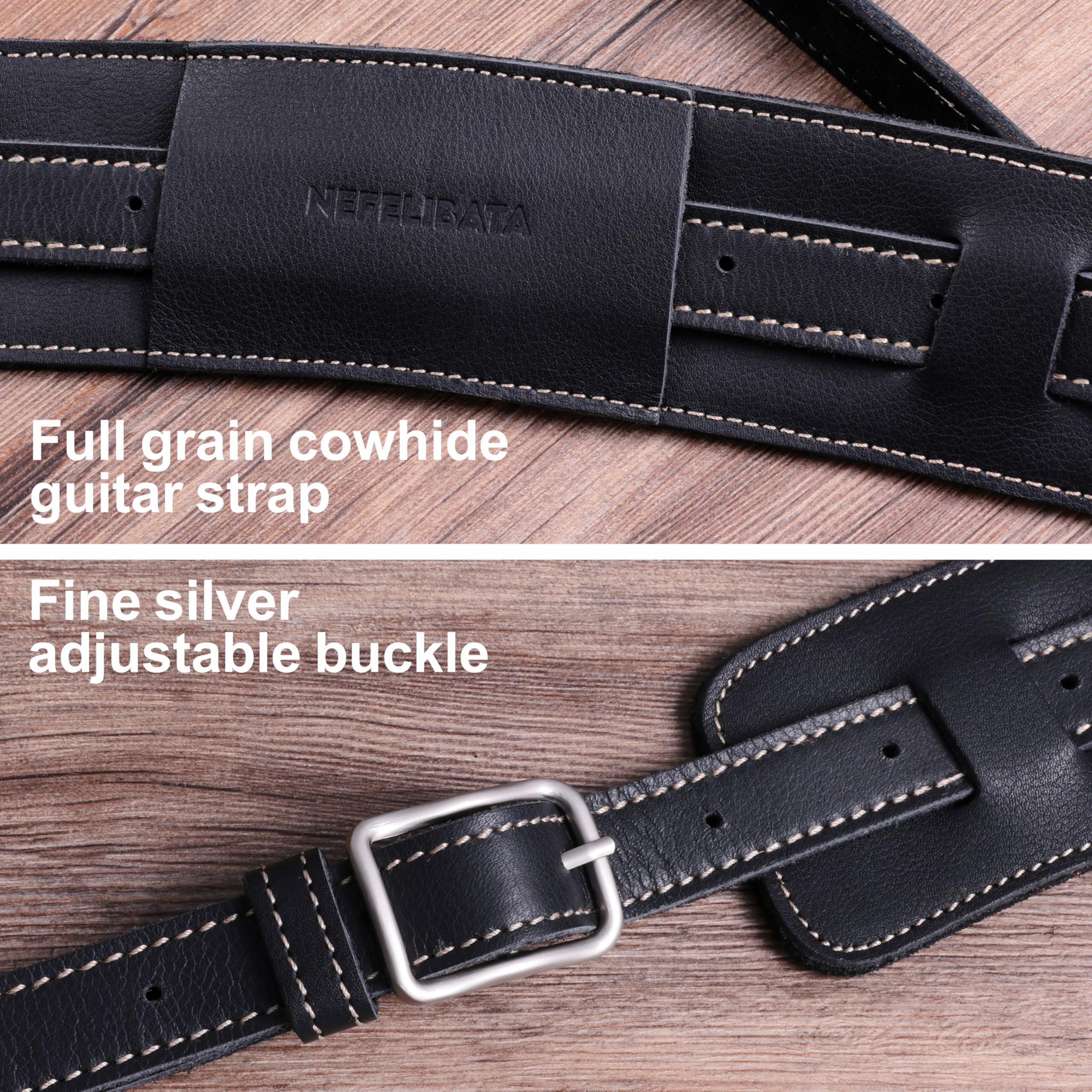 Nefelibata Guitar Strap/Bass Strap with Shoulder Pad and Bavarian Tumbled Cowhide Lining for Acoustic Guitar/Electric Guitar/Bass Black - Image 2