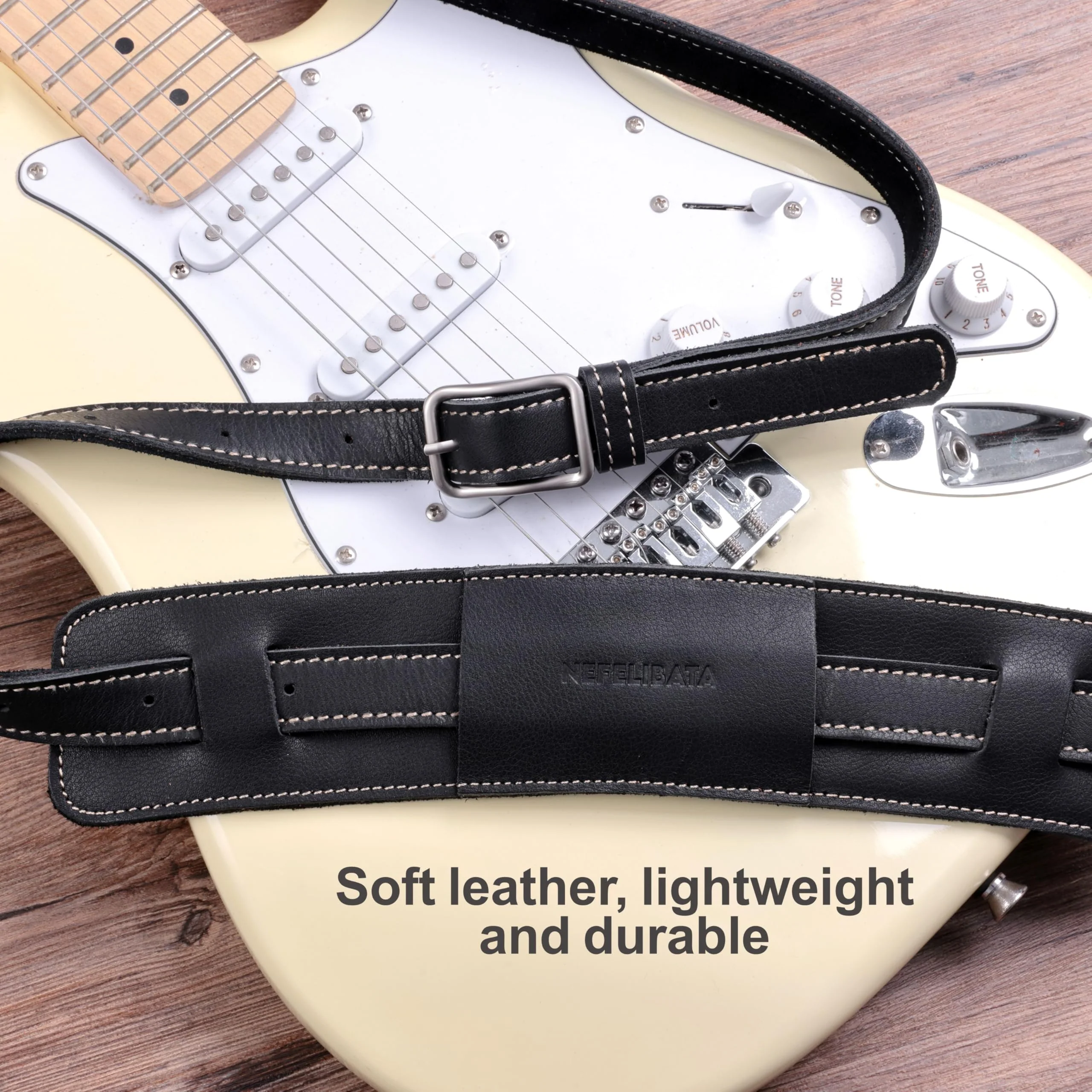 Nefelibata Guitar Strap/Bass Strap with Shoulder Pad and Bavarian Tumbled Cowhide Lining for Acoustic Guitar/Electric Guitar/Bass Black - Image 4