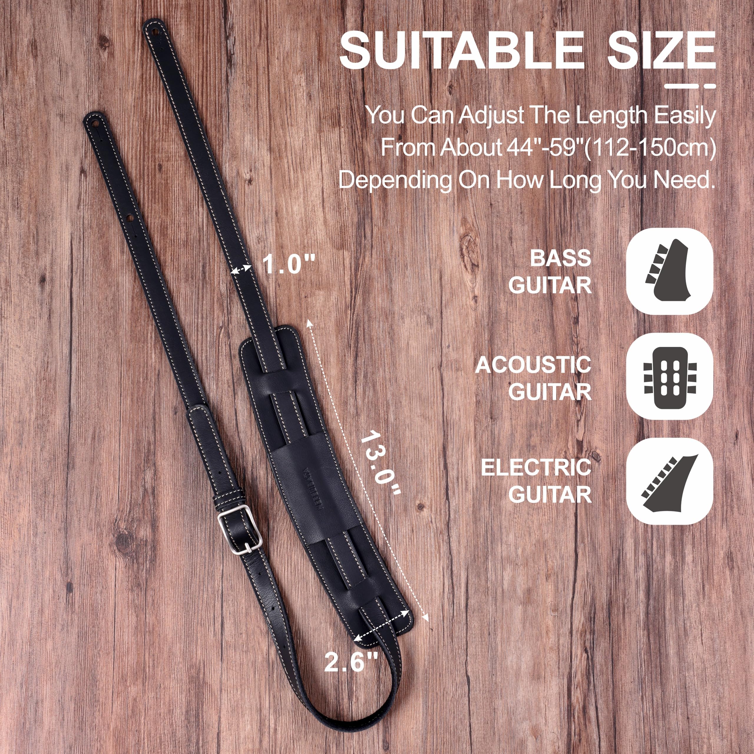 Nefelibata Guitar Strap/Bass Strap with Shoulder Pad and Bavarian Tumbled Cowhide Lining for Acoustic Guitar/Electric Guitar/Bass Black - Image 5