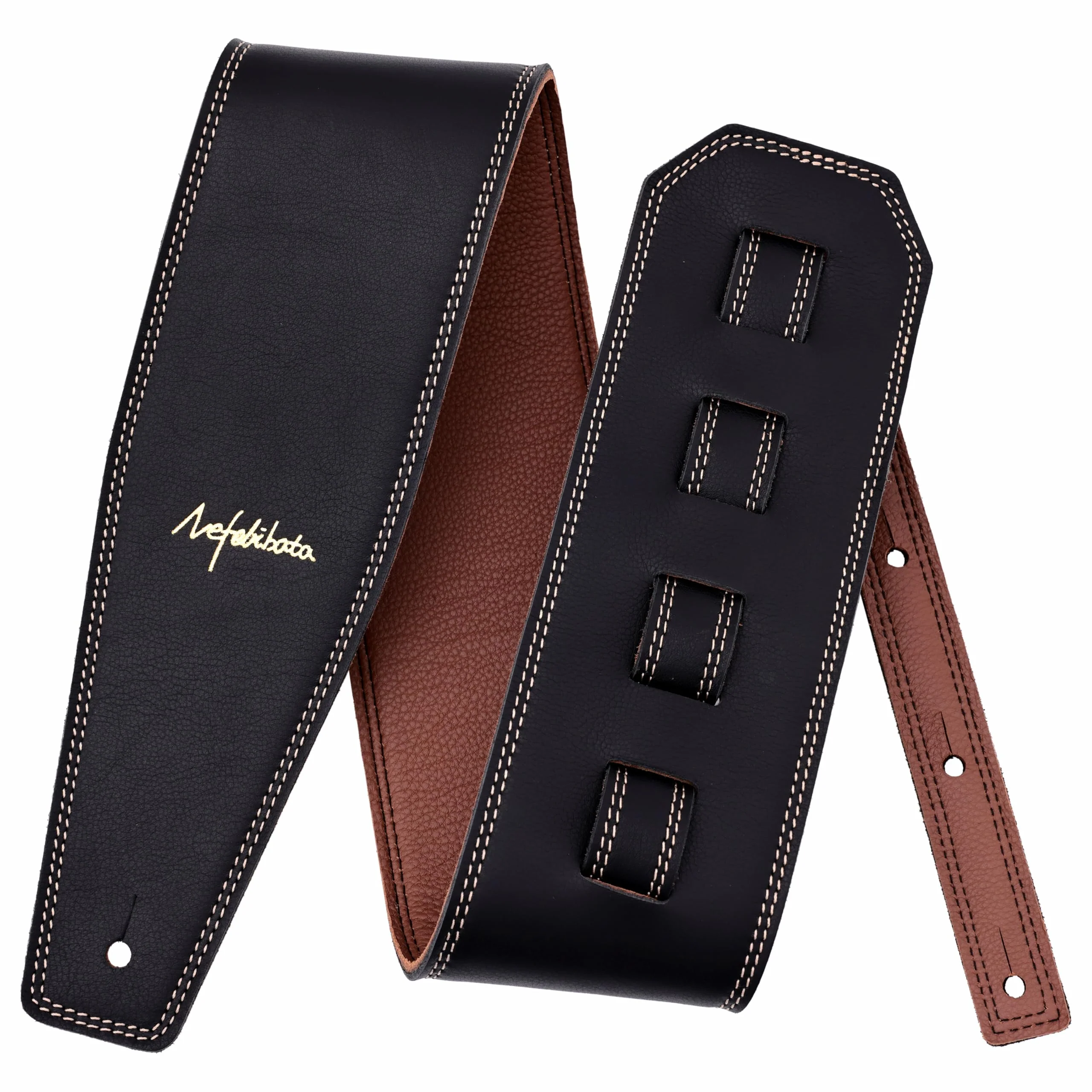 Nefelibata Guitar Strap Black, Soft Full Grain Leather, 3.8" Wide, Adjustable Length 49" to 57" with Foam Padding for Bass, Electric, and Acoustic Guitars - Image 2