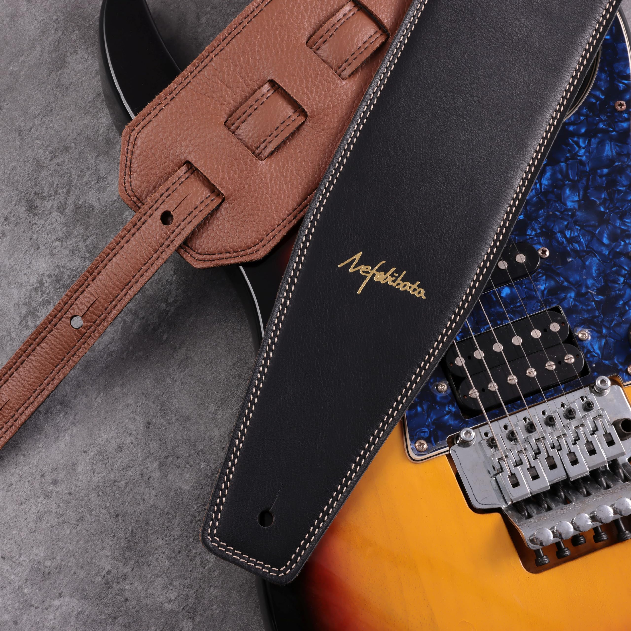 Nefelibata Guitar Strap Black, Soft Full Grain Leather, 3.8" Wide, Adjustable Length 49" to 57" with Foam Padding for Bass, Electric, and Acoustic Guitars - Image 4