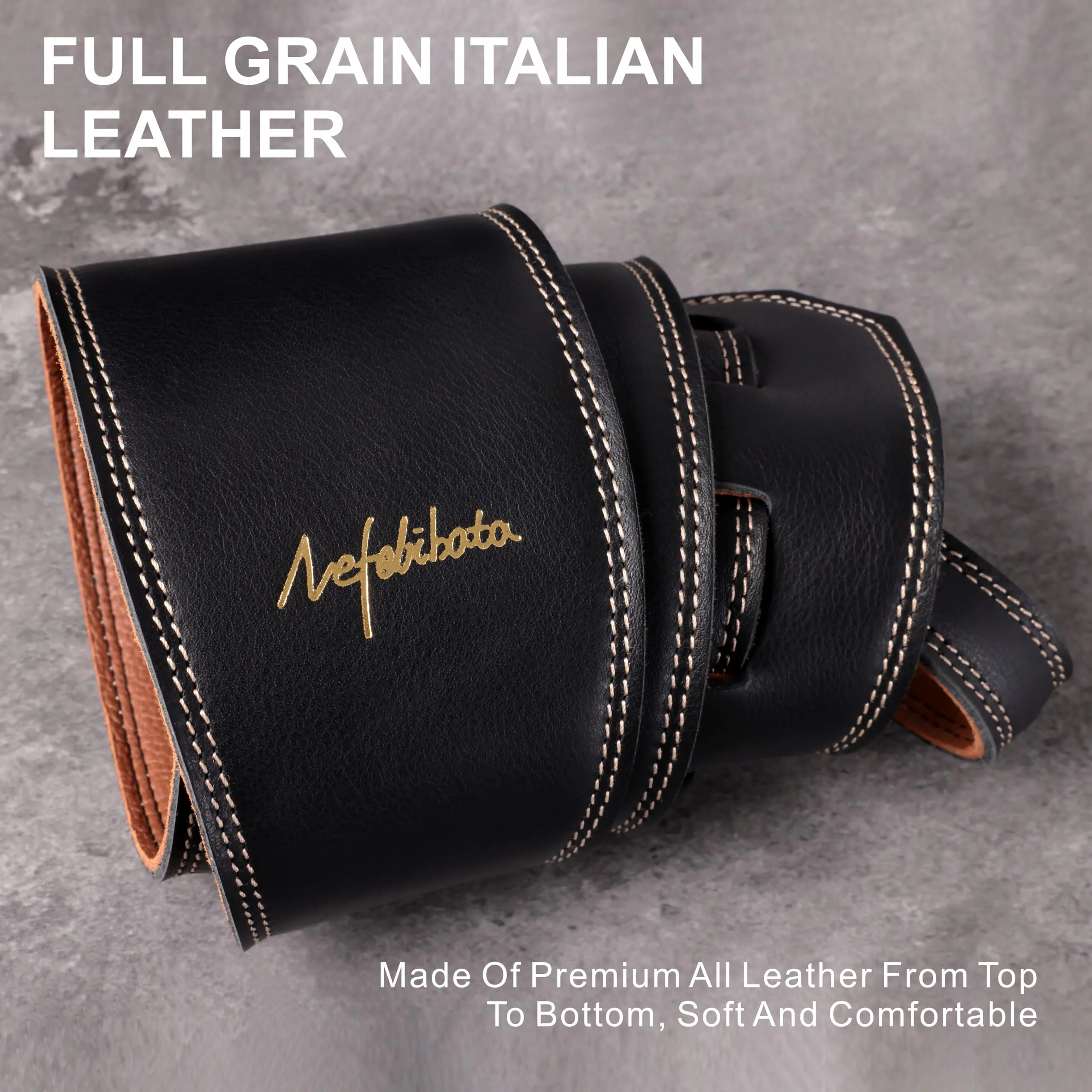 Nefelibata Guitar Strap Black, Soft Full Grain Leather, 3.8" Wide, Adjustable Length 49" to 57" with Foam Padding for Bass, Electric, and Acoustic Guitars - Image 5