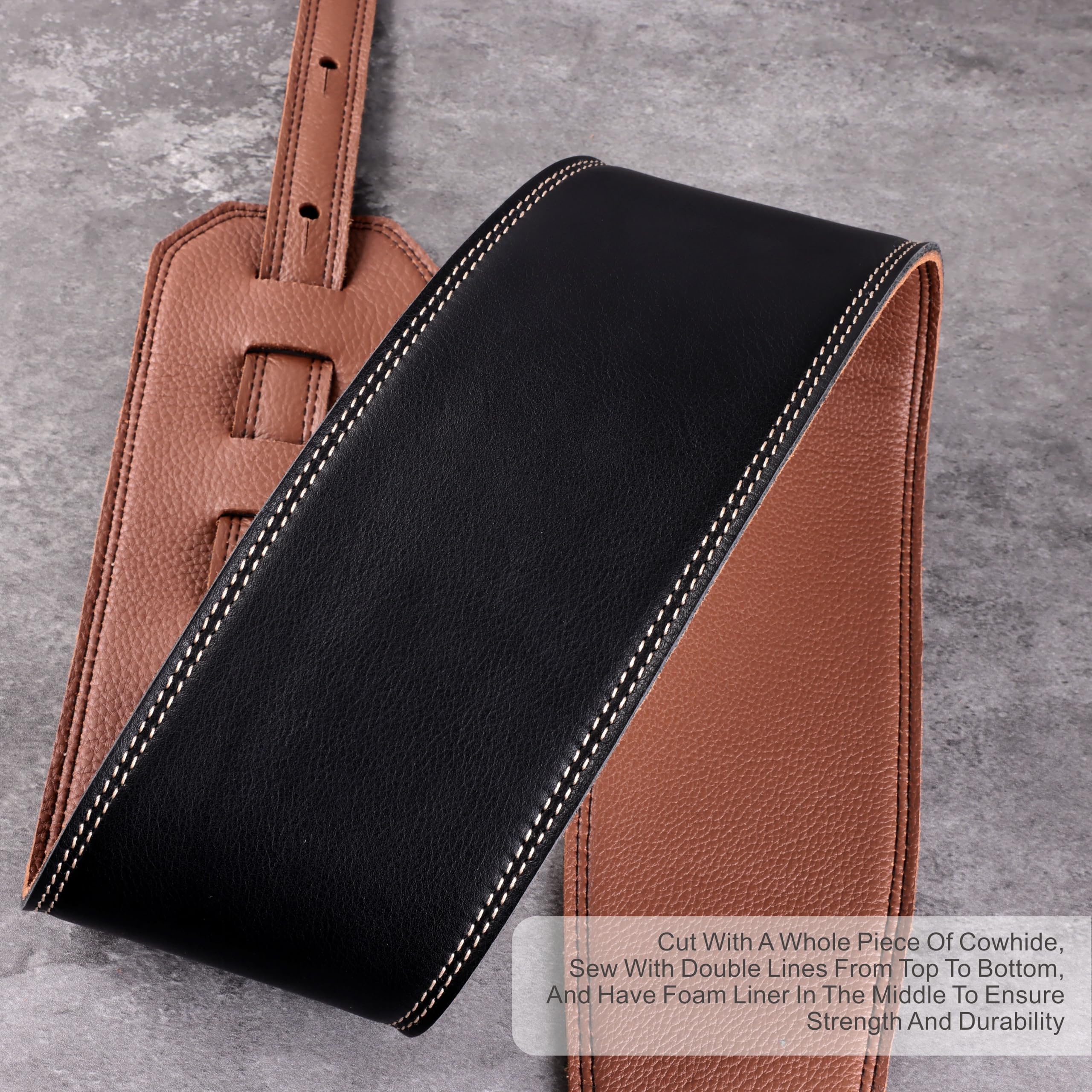 Nefelibata Guitar Strap Black, Soft Full Grain Leather, 3.8" Wide, Adjustable Length 49" to 57" with Foam Padding for Bass, Electric, and Acoustic Guitars - Image 6