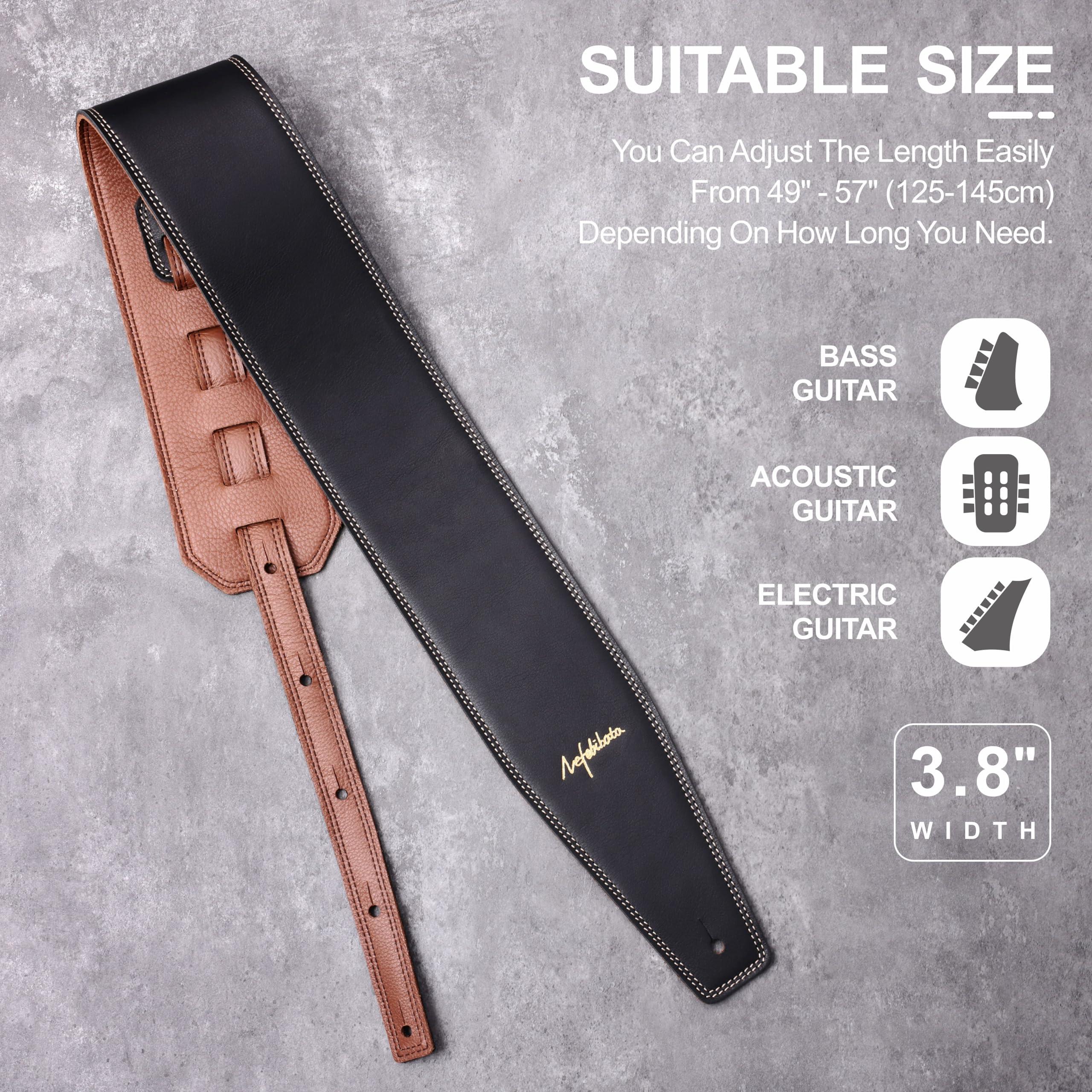 Nefelibata Guitar Strap Black, Soft Full Grain Leather, 3.8" Wide, Adjustable Length 49" to 57" with Foam Padding for Bass, Electric, and Acoustic Guitars - Image 7
