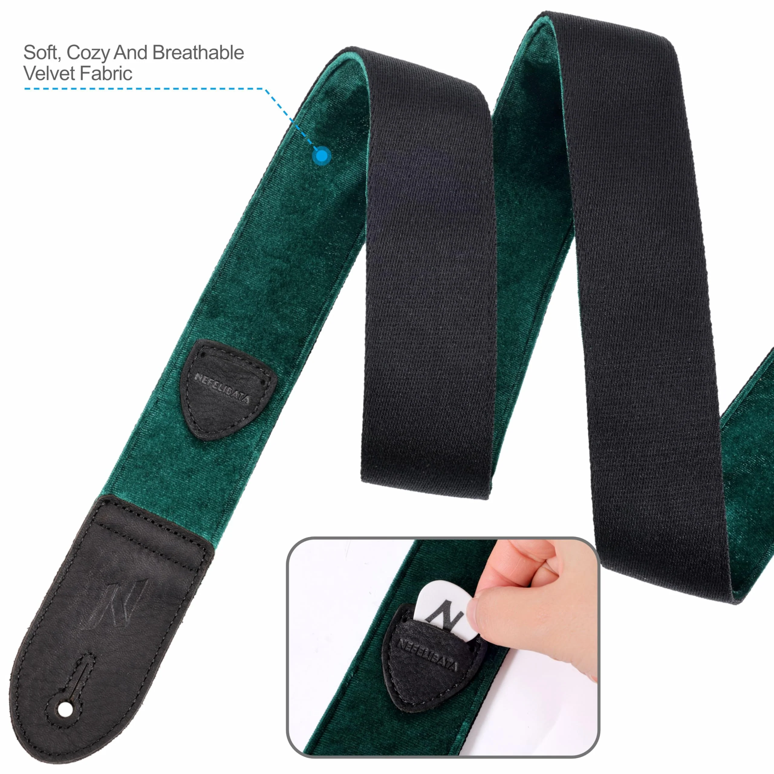 Nefelibata Guitar Strap,Double Full-Grain Leather Ends,Vintage Velvet Strap/FREE BONUS-4 Picks+Strap Locks+Strap Button,Gift For Bass,Electric&Acoustic Guitars(Vintage Christmas Green) C#-vintage Christmas Green - Image 5