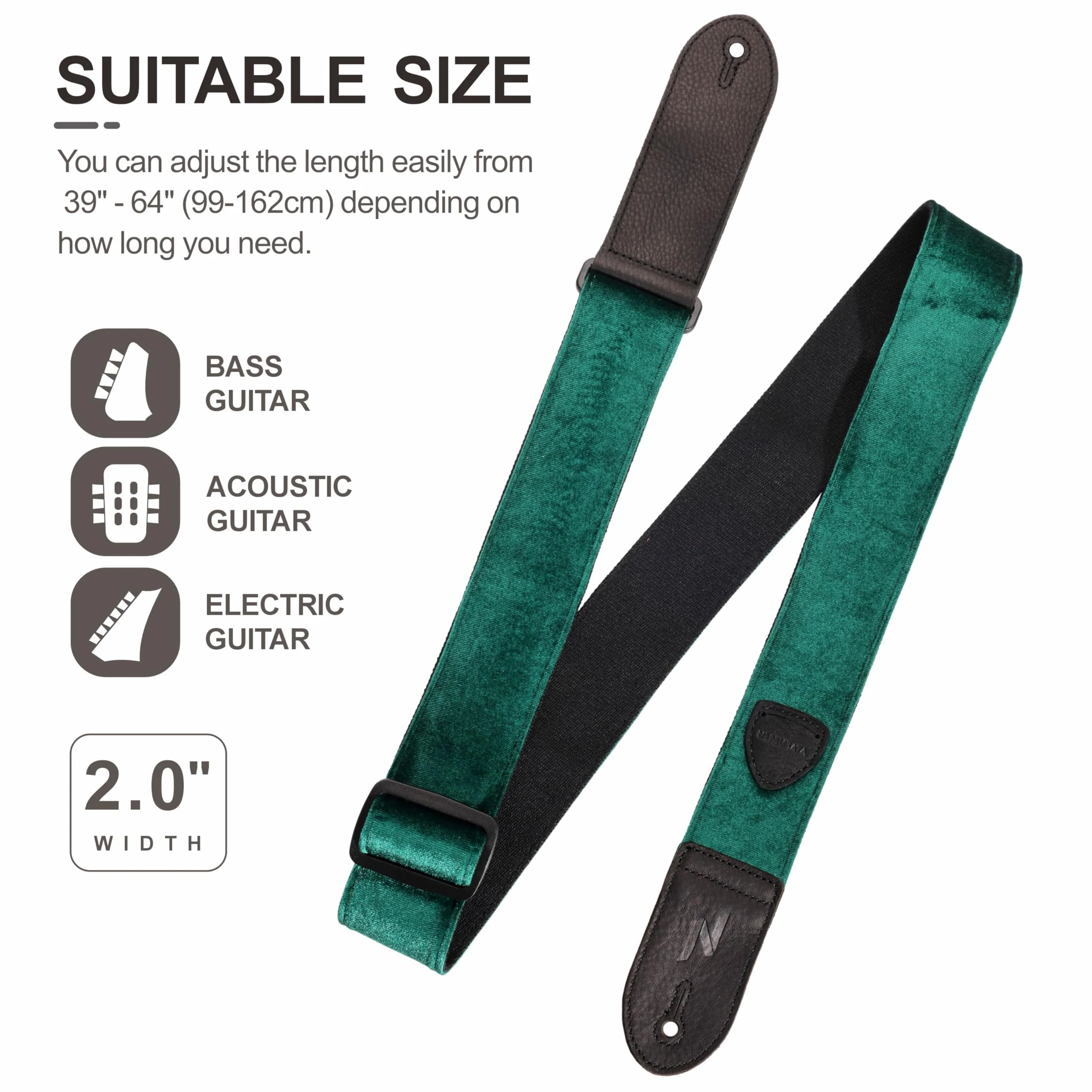 Nefelibata Guitar Strap,Double Full-Grain Leather Ends,Vintage Velvet Strap/FREE BONUS-4 Picks+Strap Locks+Strap Button,Gift For Bass,Electric&Acoustic Guitars(Vintage Christmas Green) C#-vintage Christmas Green - Image 6