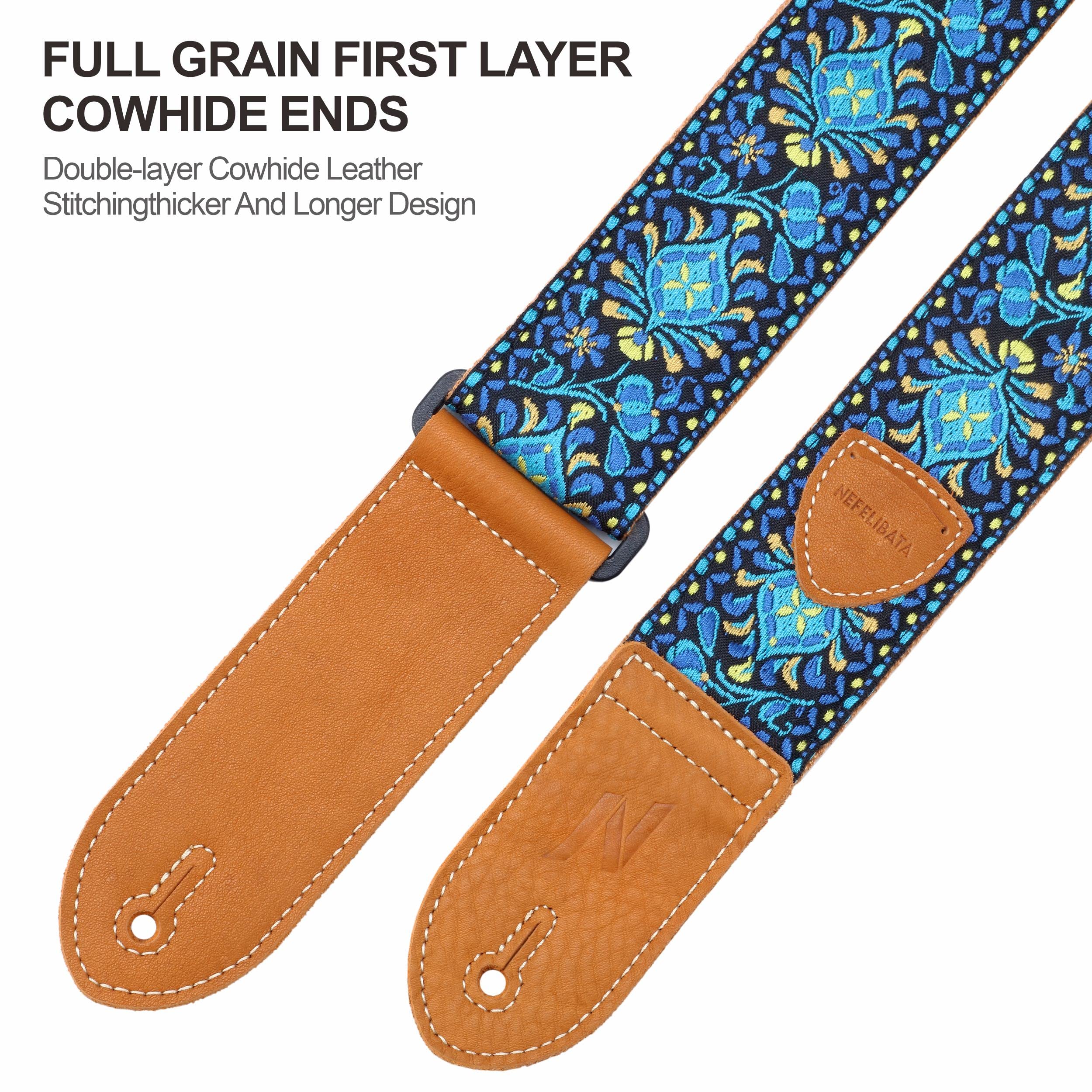 Nefelibata Guitar Strap,Double leather ends,Vintage Woven W/FREE BONUS-4 Picks+Strap Locks+Strap Button,Best Gift For Bass,Electric&Acoustic Guitars for Guitar(Vintage blue yellow embroidery) B#-vintage Blue Yellow Embroidery - Image 3