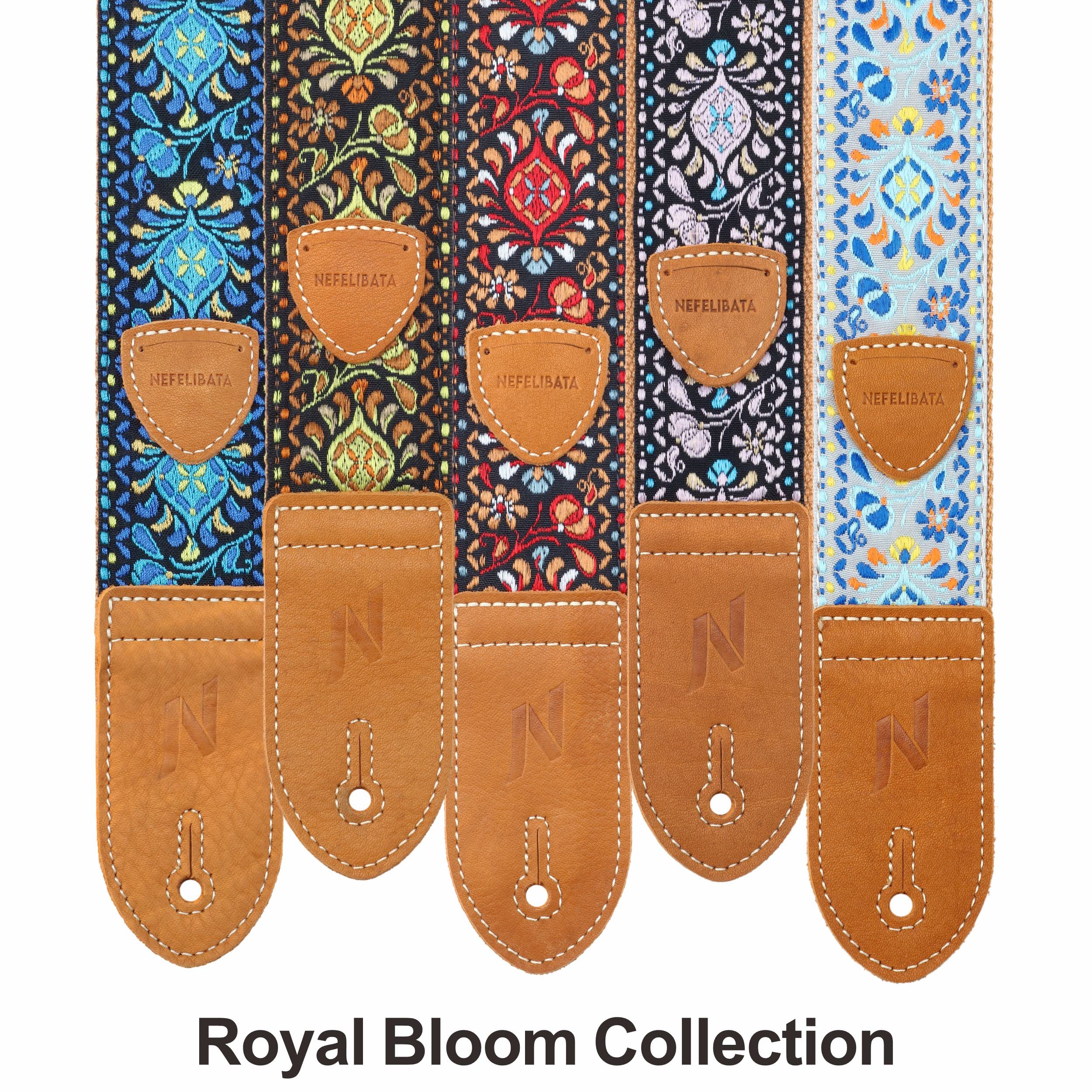 Nefelibata Guitar Strap,Double leather ends,Vintage Woven W/FREE BONUS-4 Picks+Strap Locks+Strap Button,Best Gift For Bass,Electric&Acoustic Guitars for Guitar(Vintage blue yellow embroidery) B#-vintage Blue Yellow Embroidery - Image 4