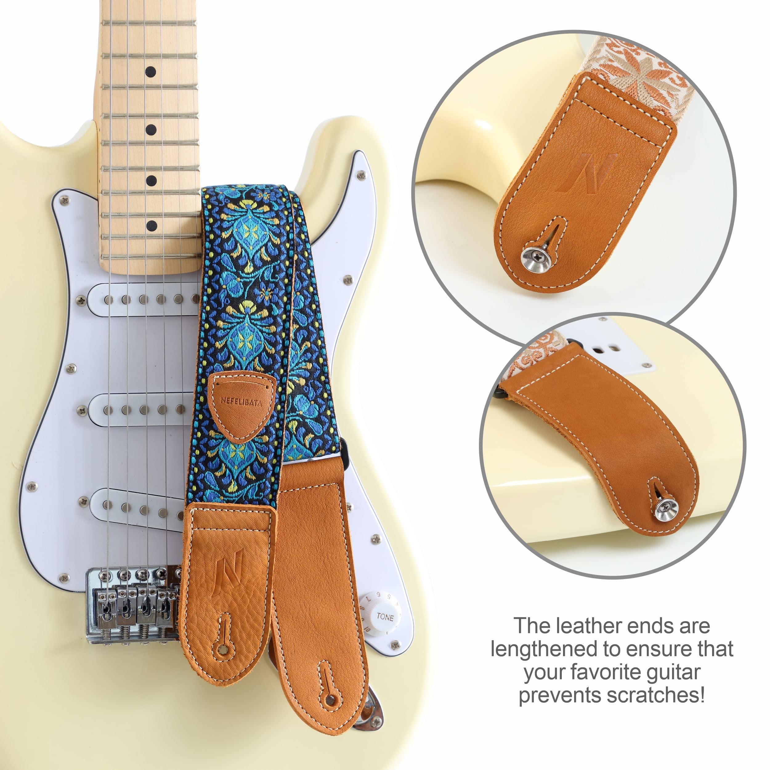 Nefelibata Guitar Strap,Double leather ends,Vintage Woven W/FREE BONUS-4 Picks+Strap Locks+Strap Button,Best Gift For Bass,Electric&Acoustic Guitars for Guitar(Vintage blue yellow embroidery) B#-vintage Blue Yellow Embroidery - Image 5