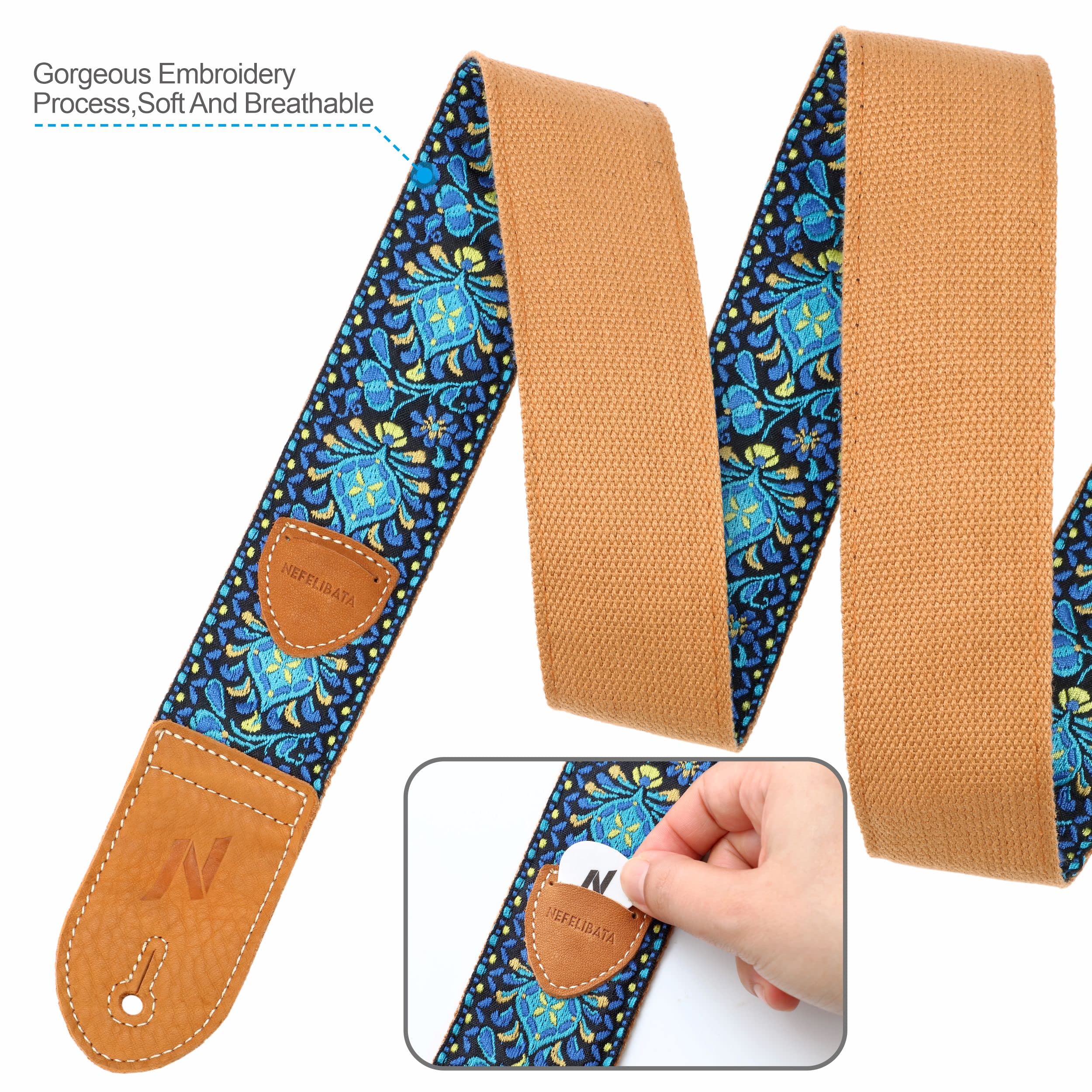 Nefelibata Guitar Strap,Double leather ends,Vintage Woven W/FREE BONUS-4 Picks+Strap Locks+Strap Button,Best Gift For Bass,Electric&Acoustic Guitars for Guitar(Vintage blue yellow embroidery) B#-vintage Blue Yellow Embroidery - Image 6