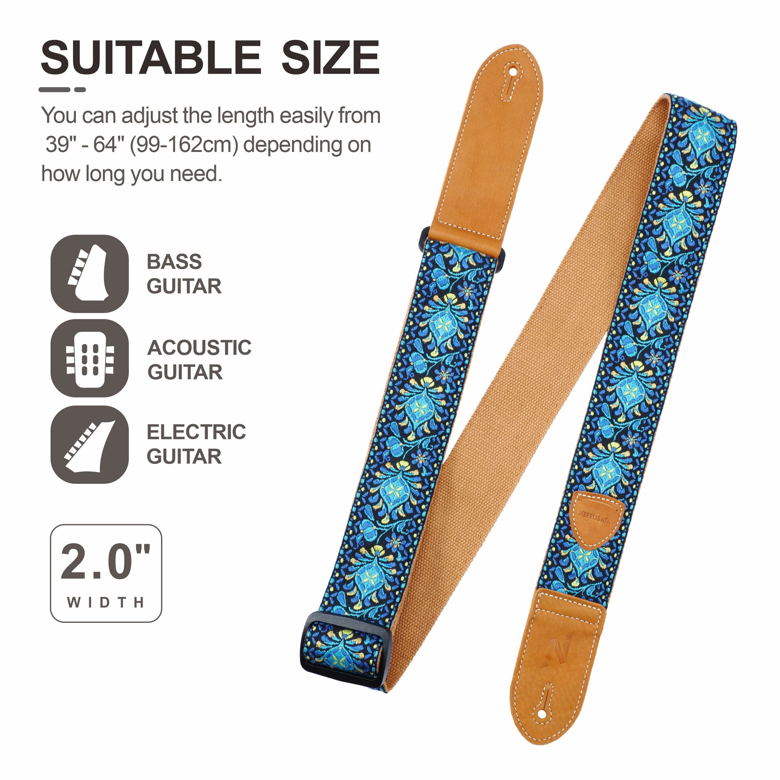 Nefelibata Guitar Strap,Double leather ends,Vintage Woven W/FREE BONUS-4 Picks+Strap Locks+Strap Button,Best Gift For Bass,Electric&Acoustic Guitars for Guitar(Vintage blue yellow embroidery) B#-vintage Blue Yellow Embroidery - Image 7