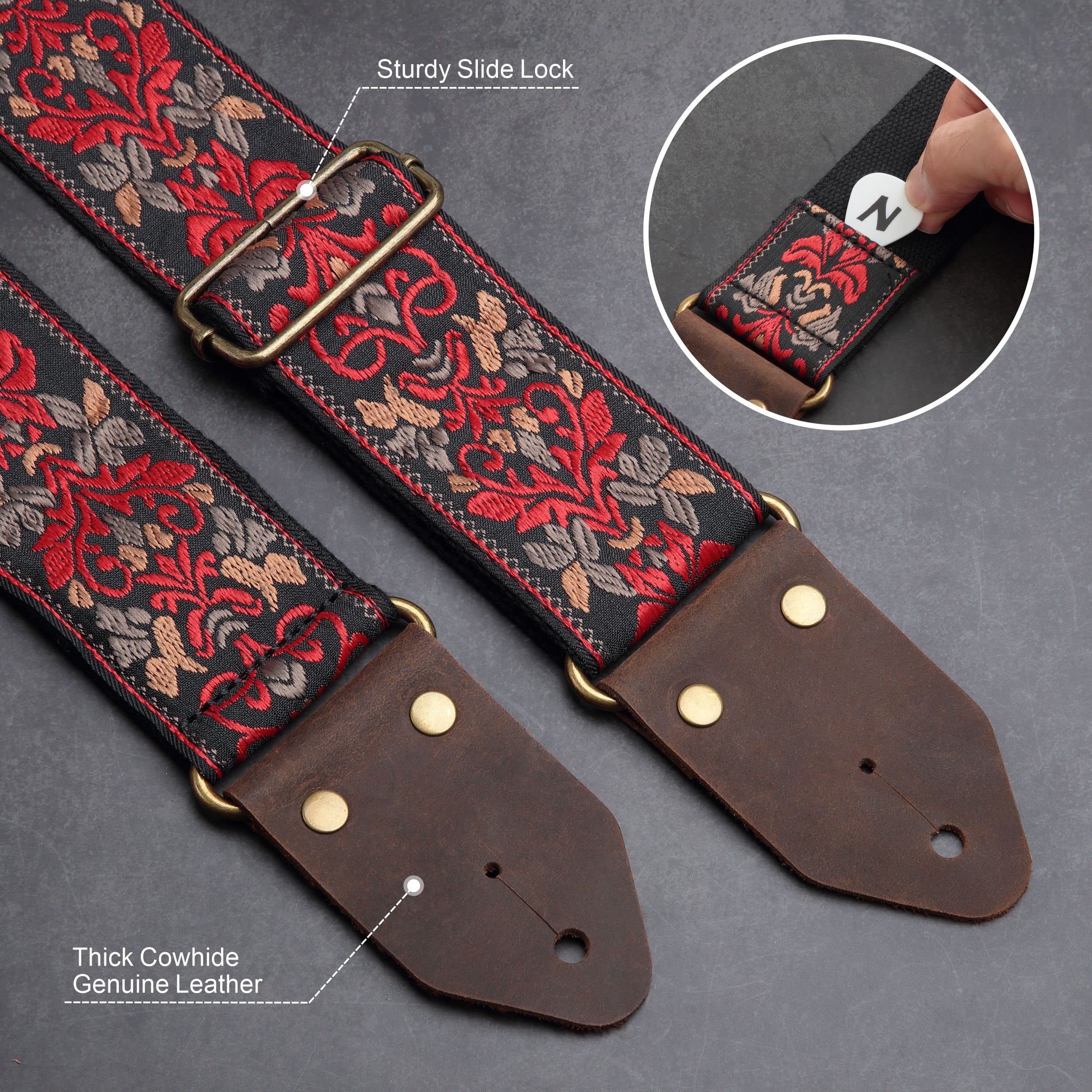 Nefelibata Guitar Strap,Jacquard Embroidery Cotton Guitar Straps with Crazy Horse Leather Leather Ends for Bass, Electric & Acoustic, Best Gifts for Kids, Guitarists(Retro Red Flower) Retro Red Flower - Image 2