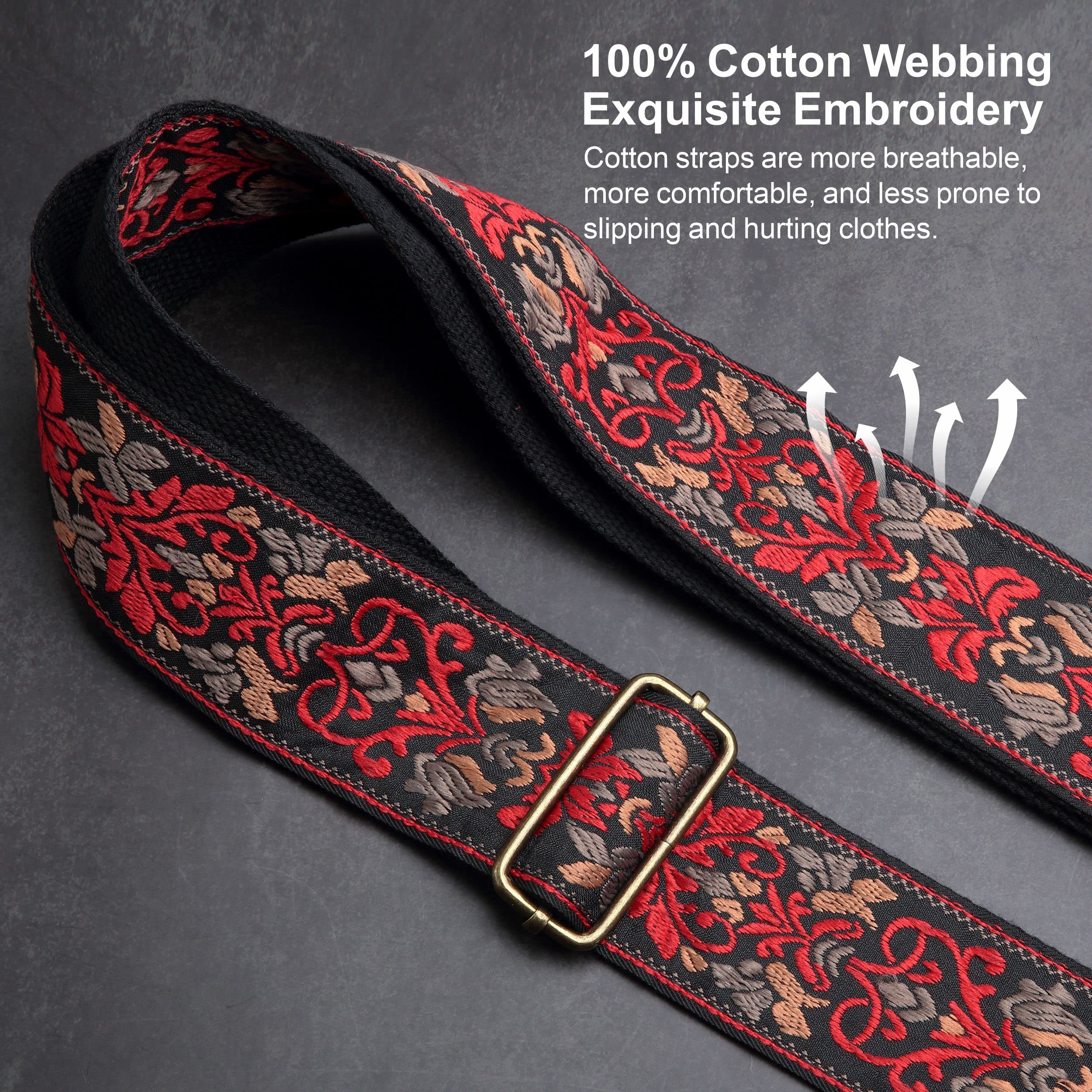 Nefelibata Guitar Strap,Jacquard Embroidery Cotton Guitar Straps with Crazy Horse Leather Leather Ends for Bass, Electric & Acoustic, Best Gifts for Kids, Guitarists(Retro Red Flower) Retro Red Flower - Image 3