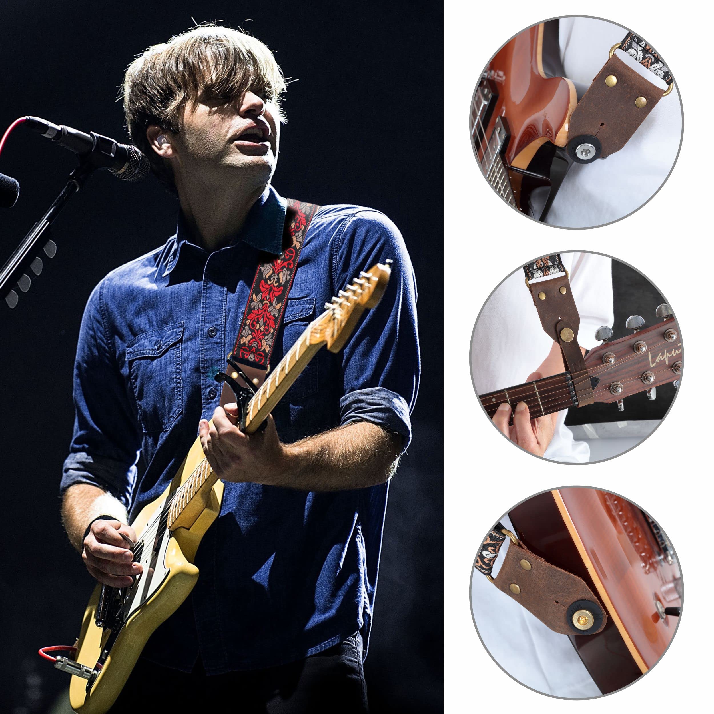 Nefelibata Guitar Strap,Jacquard Embroidery Cotton Guitar Straps with Crazy Horse Leather Leather Ends for Bass, Electric & Acoustic, Best Gifts for Kids, Guitarists(Retro Red Flower) Retro Red Flower - Image 4