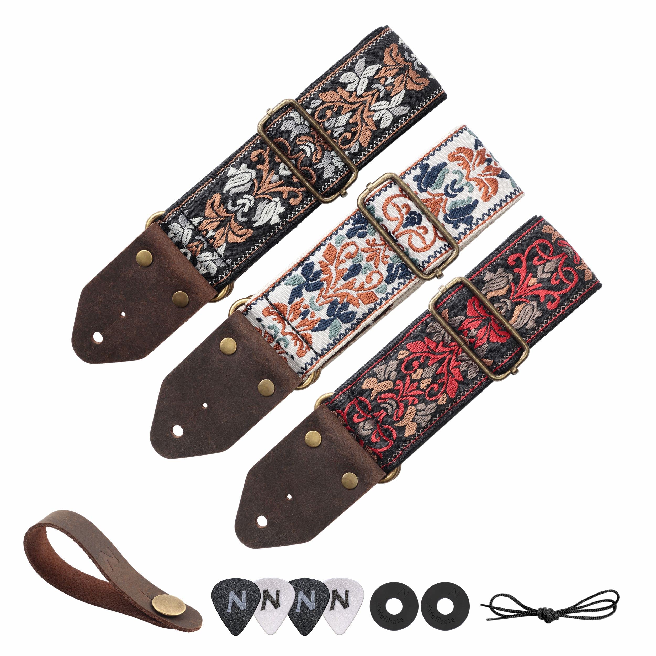Nefelibata Guitar Strap,Jacquard Embroidery Cotton Guitar Straps with Crazy Horse Leather Leather Ends for Bass, Electric & Acoustic, Best Gifts for Kids, Guitarists(Retro Red Flower) Retro Red Flower - Image 5