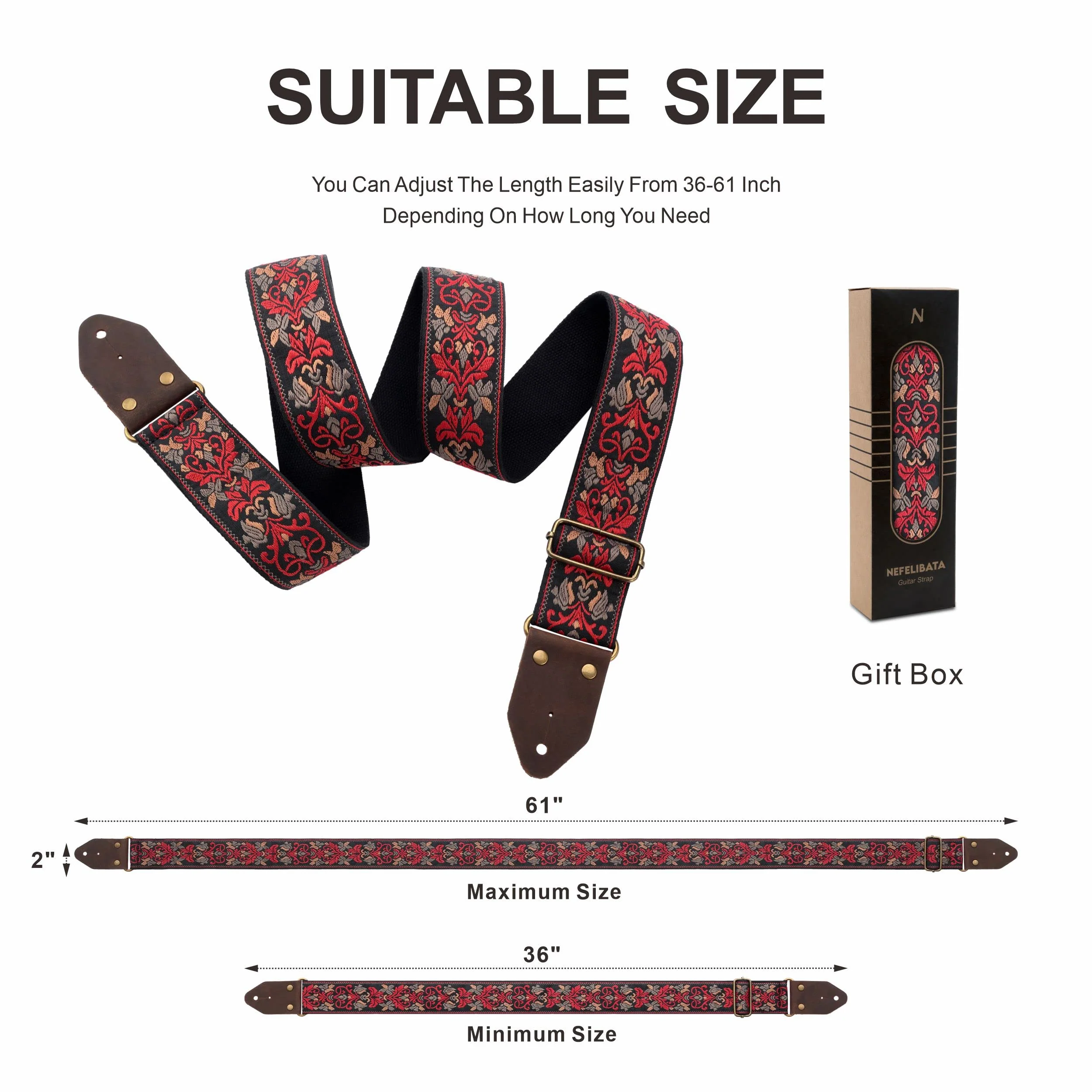 Nefelibata Guitar Strap,Jacquard Embroidery Cotton Guitar Straps with Crazy Horse Leather Leather Ends for Bass, Electric & Acoustic, Best Gifts for Kids, Guitarists(Retro Red Flower) Retro Red Flower - Image 6