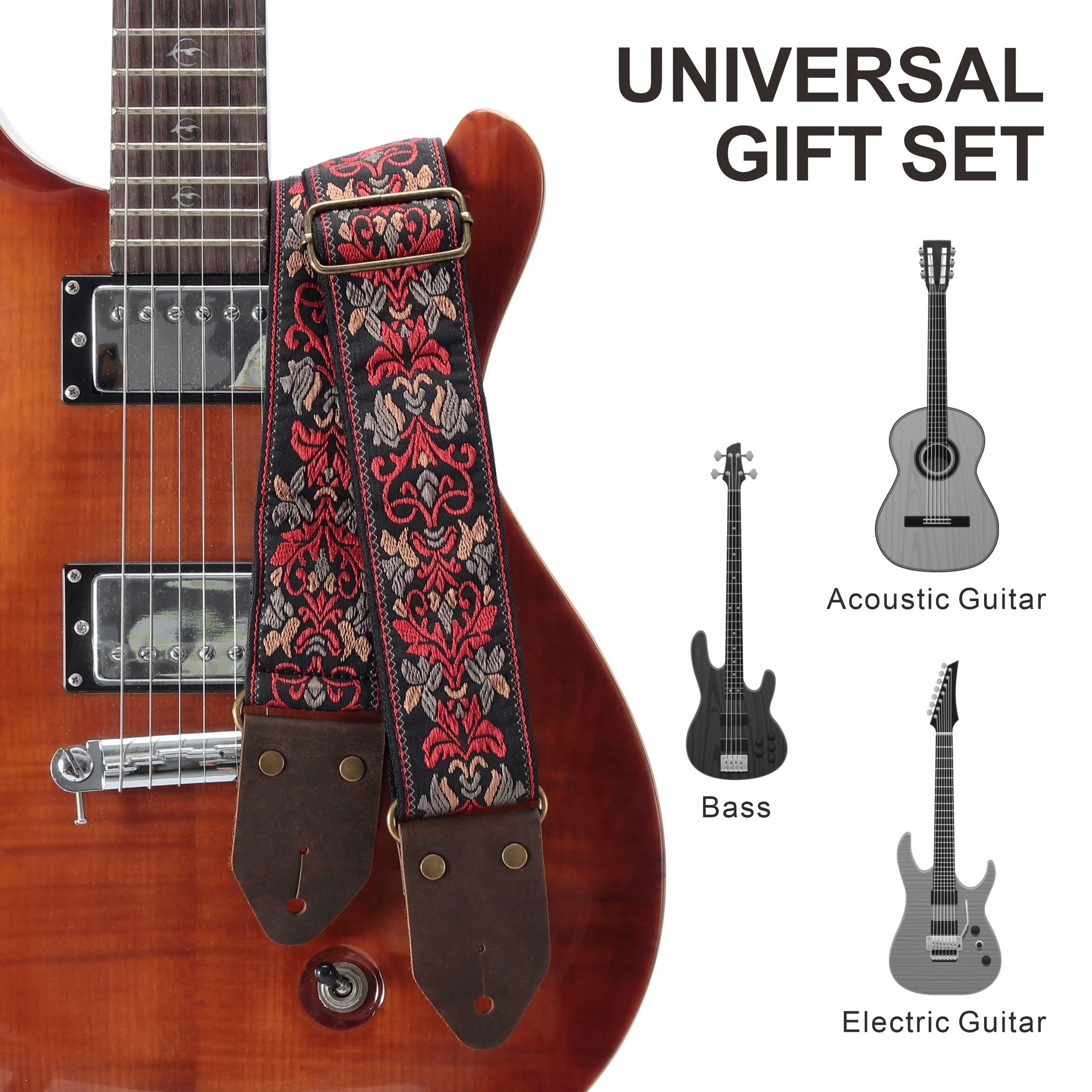 Nefelibata Guitar Strap,Jacquard Embroidery Cotton Guitar Straps with Crazy Horse Leather Leather Ends for Bass, Electric & Acoustic, Best Gifts for Kids, Guitarists(Retro Red Flower) Retro Red Flower - Image 7