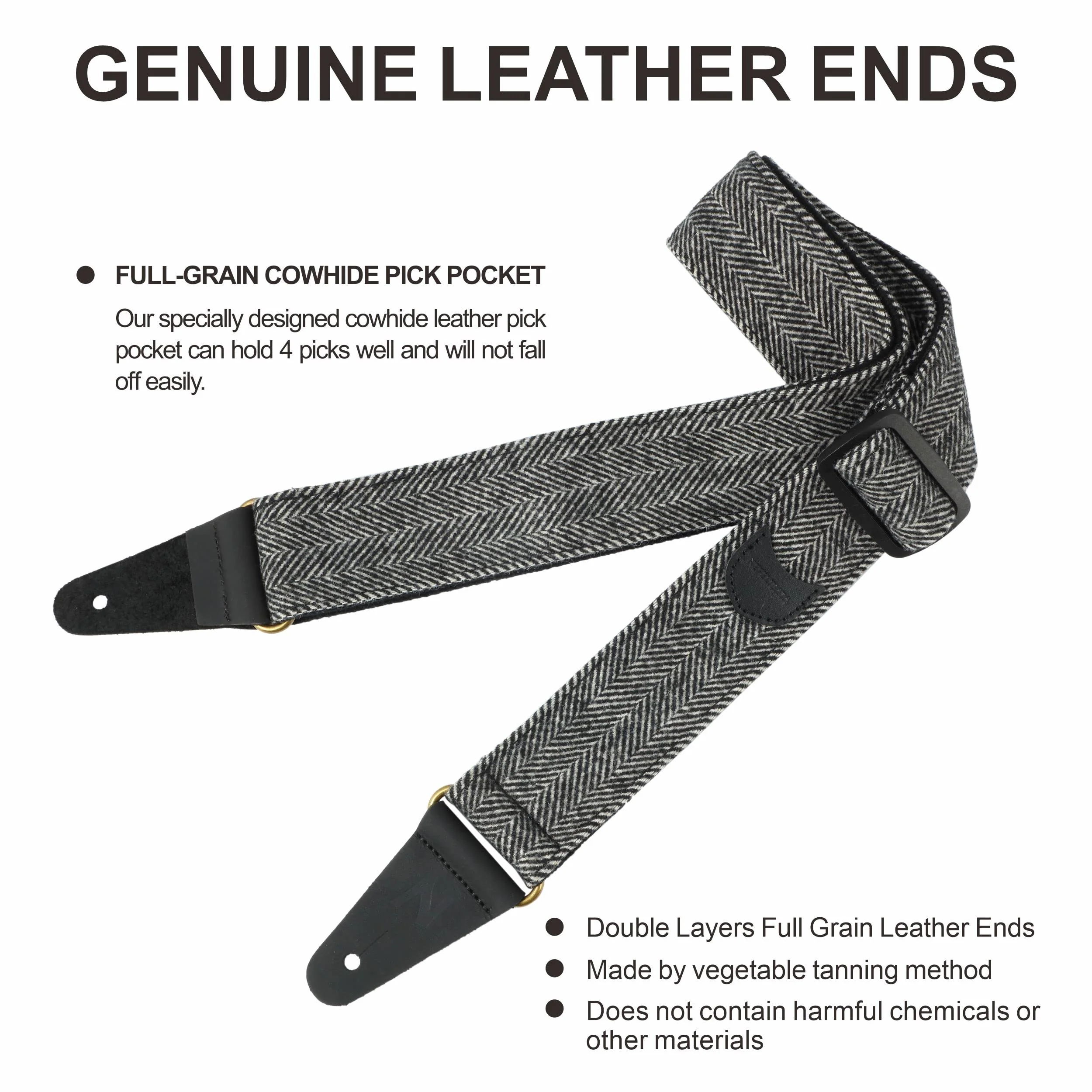 Nefelibata Guitar Strap, Soft Cashmere-containing Fabric Full Grain Leather End Guitar Straps for Bass, Electric and Acoustic Guitars, Come with Free Button, Locks and Guitar Picks Black & White Twill - Image 2