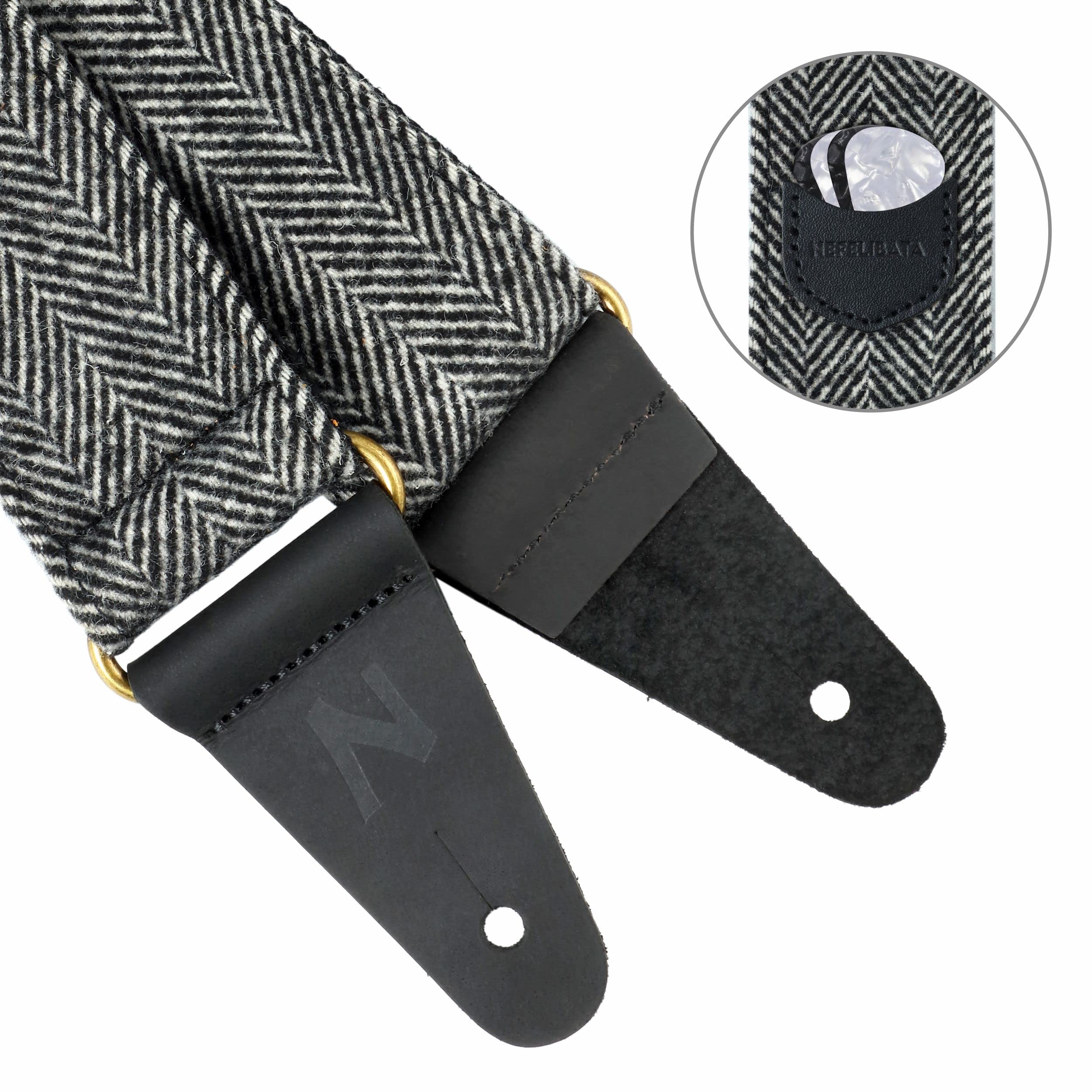Nefelibata Guitar Strap, Soft Cashmere-containing Fabric Full Grain Leather End Guitar Straps for Bass, Electric and Acoustic Guitars, Come with Free Button, Locks and Guitar Picks Black & White Twill - Image 3