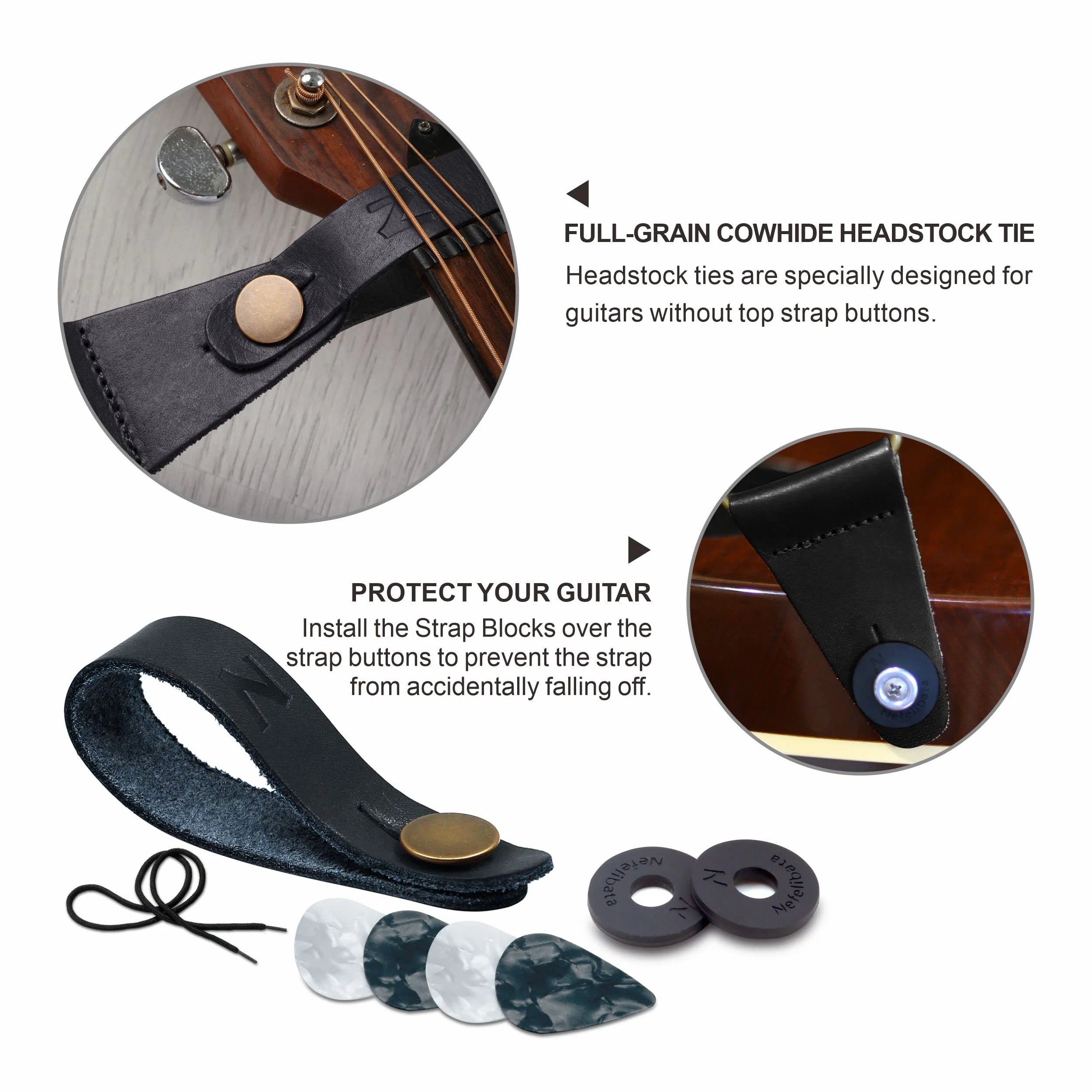 Nefelibata Guitar Strap, Soft Cashmere-containing Fabric Full Grain Leather End Guitar Straps for Bass, Electric and Acoustic Guitars, Come with Free Button, Locks and Guitar Picks Black & White Twill - Image 4