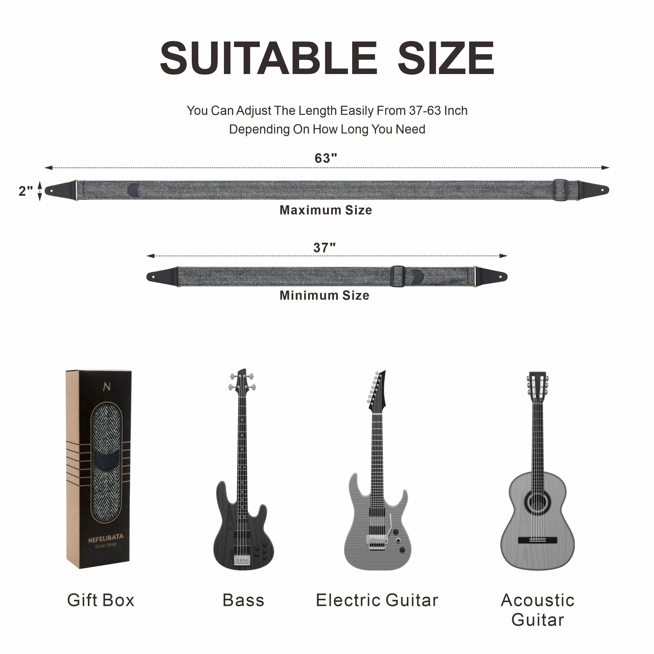 Nefelibata Guitar Strap, Soft Cashmere-containing Fabric Full Grain Leather End Guitar Straps for Bass, Electric and Acoustic Guitars, Come with Free Button, Locks and Guitar Picks Black & White Twill - Image 5