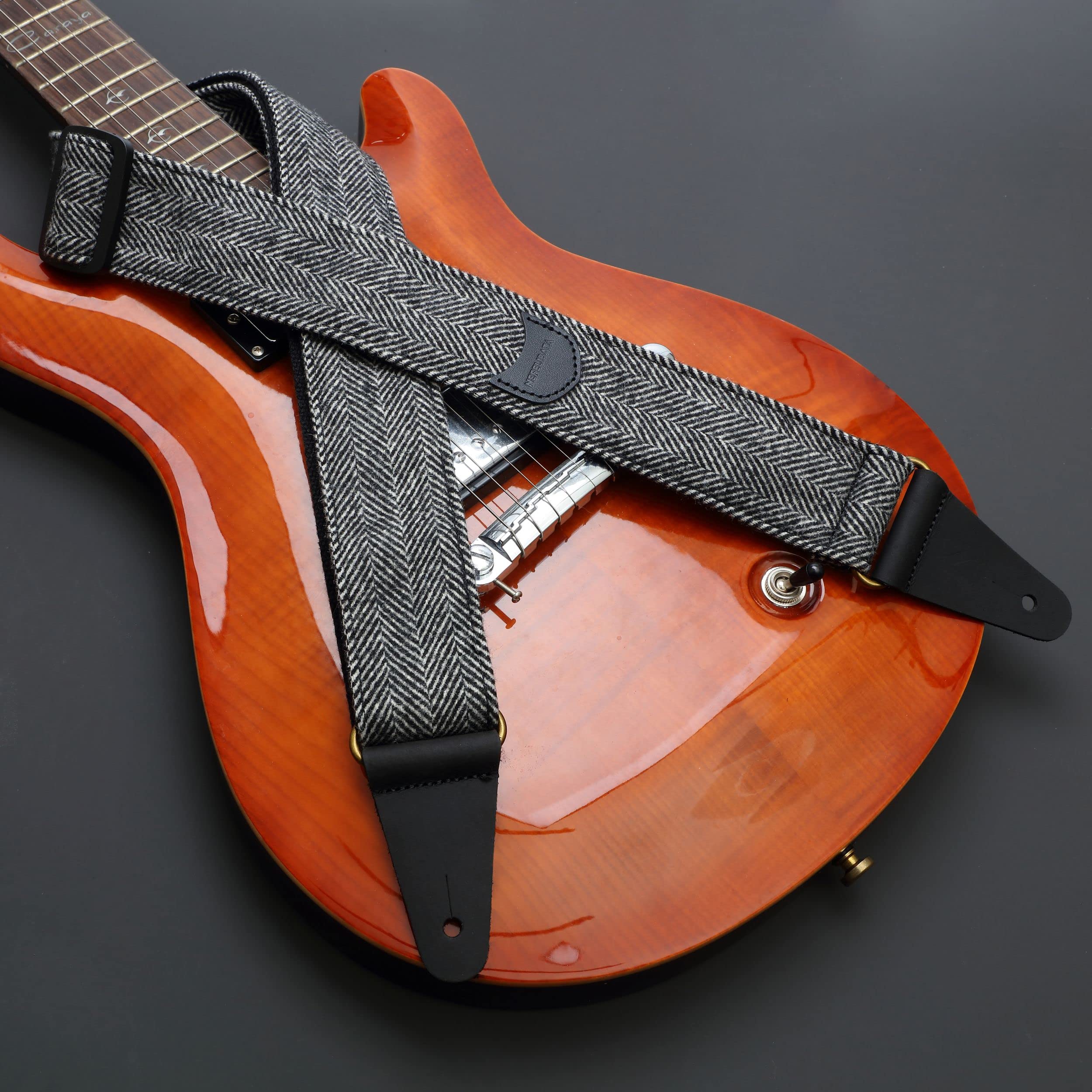 Nefelibata Guitar Strap, Soft Cashmere-containing Fabric Full Grain Leather End Guitar Straps for Bass, Electric and Acoustic Guitars, Come with Free Button, Locks and Guitar Picks Black & White Twill - Image 7