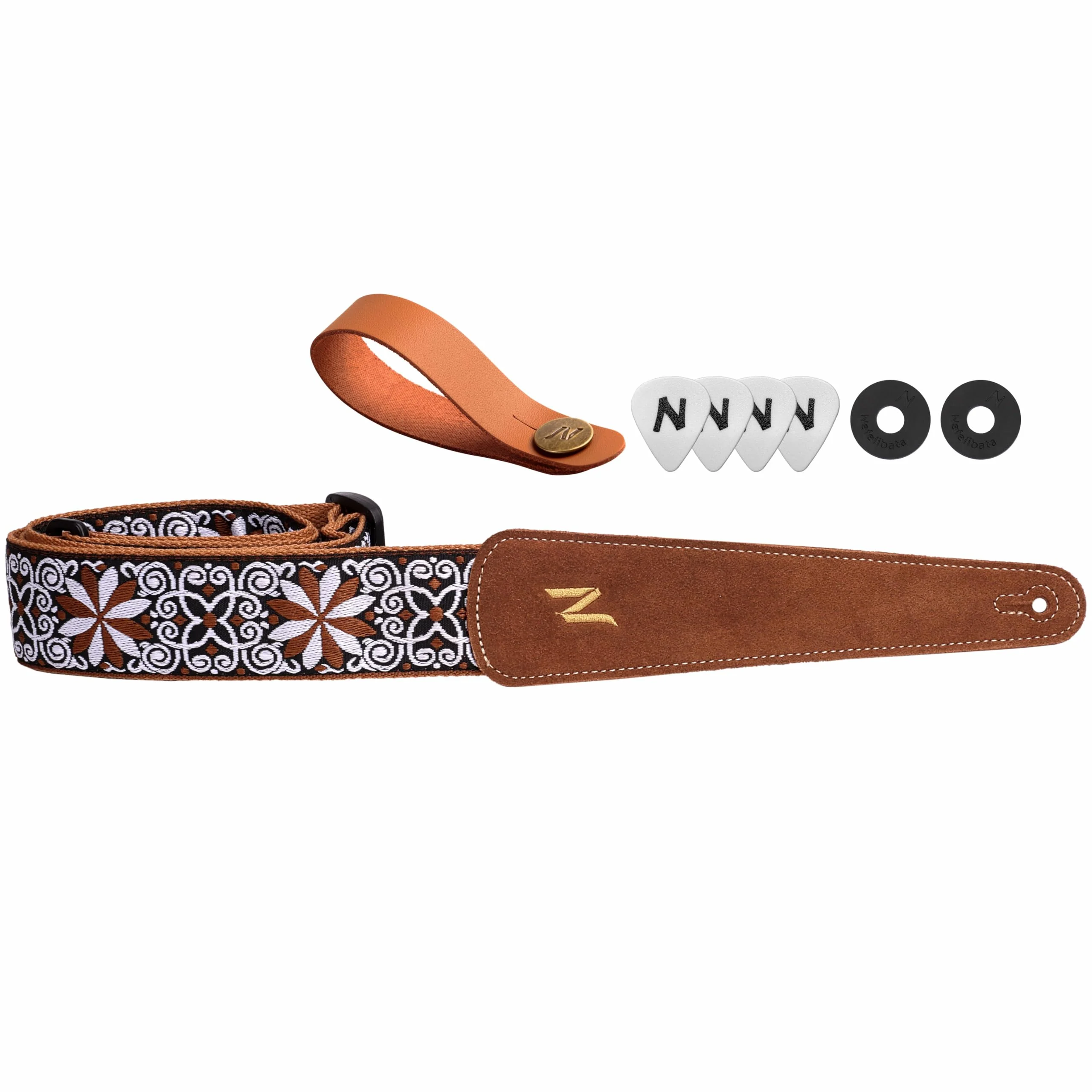 Nefelibata Guitar Strap, with Extended Soft Brown Suede Leather Ends for Bass Acoustic Electric Guitar, Free with Lock and Head Strap Yellow Flowers
