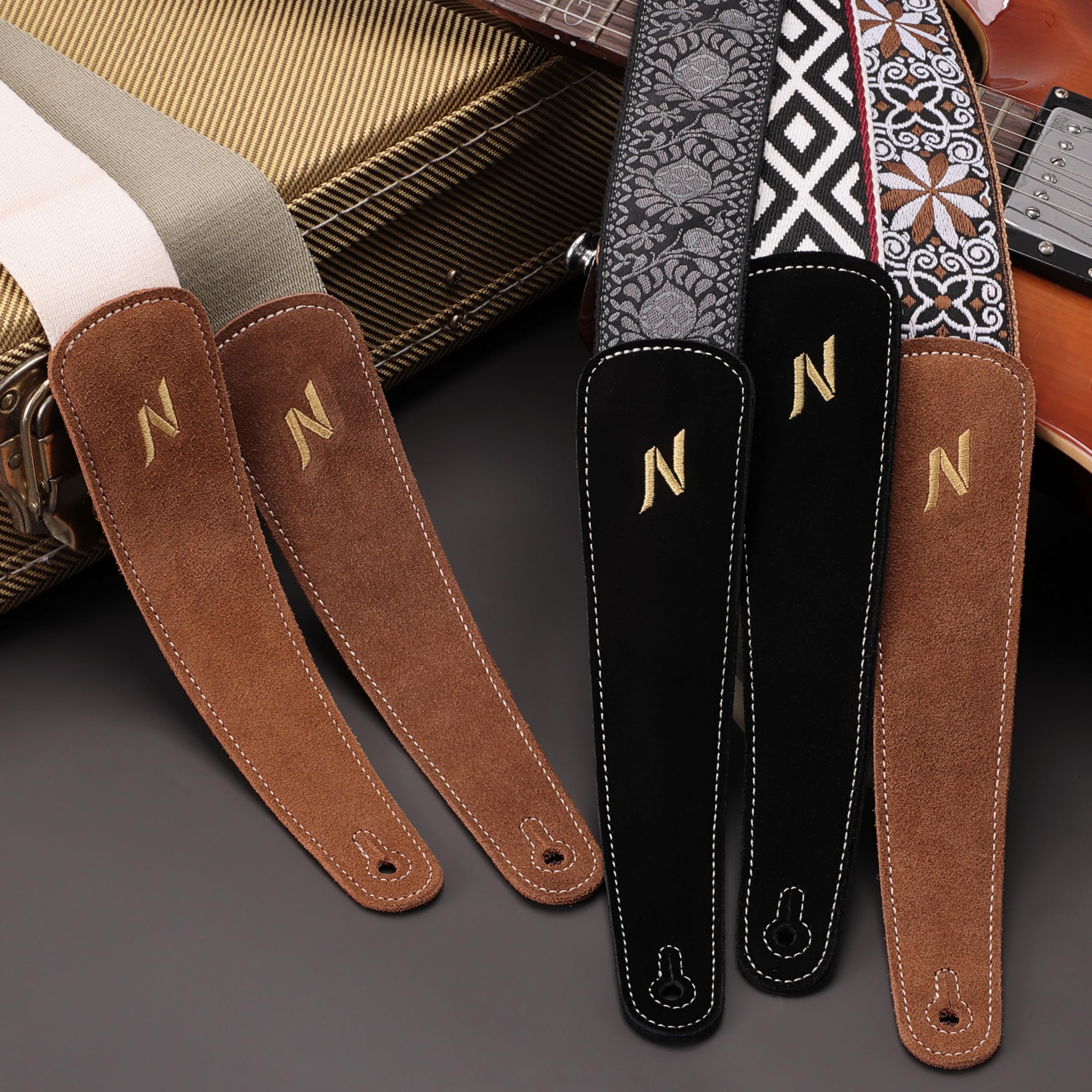 Nefelibata Guitar Strap, with Extended Soft Brown Suede Leather Ends for Bass Acoustic Electric Guitar, Free with Lock and Head Strap Yellow Flowers - Image 7